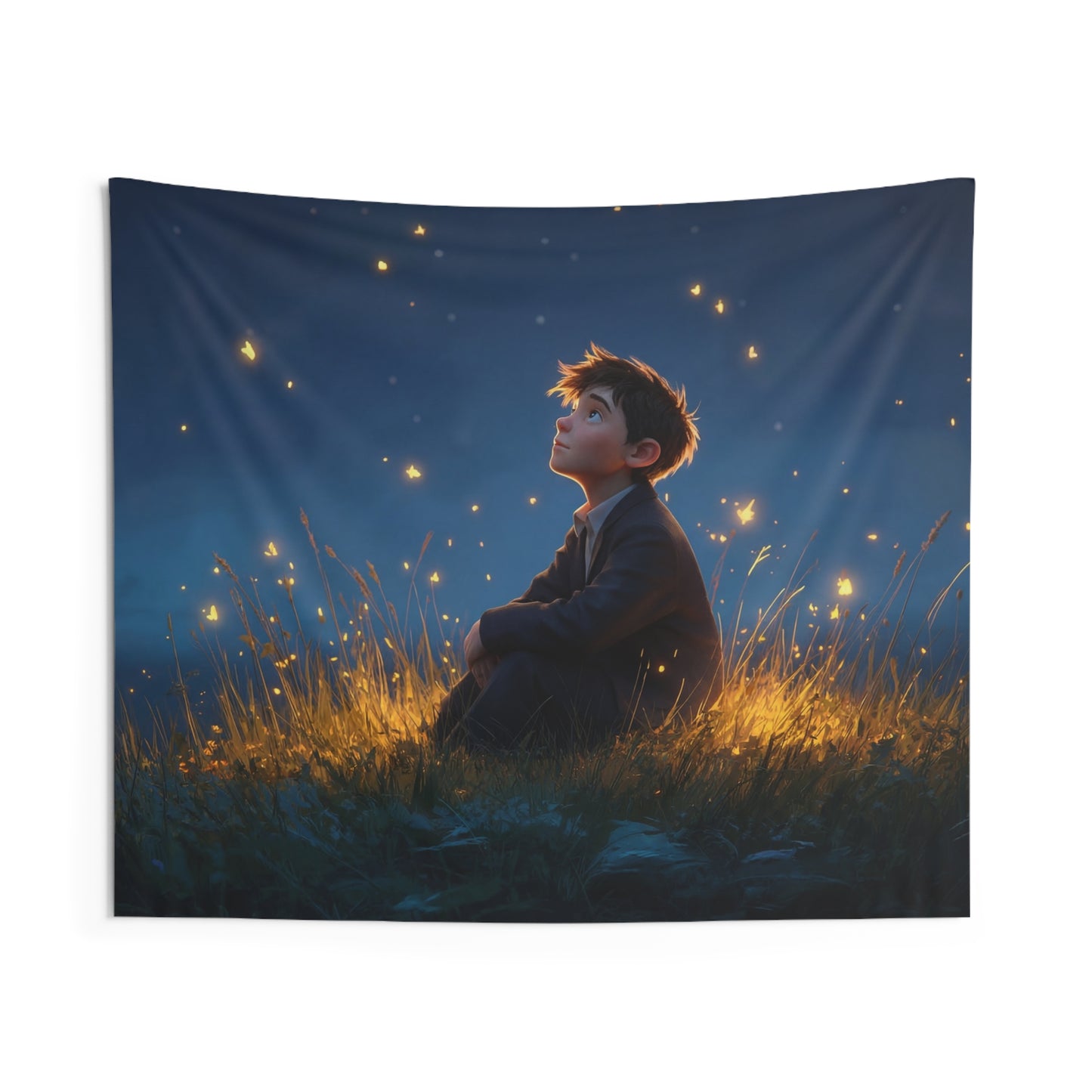 Boy Among Fireflies Indoor Wall Tapestries – Twilight Wonderlandscape