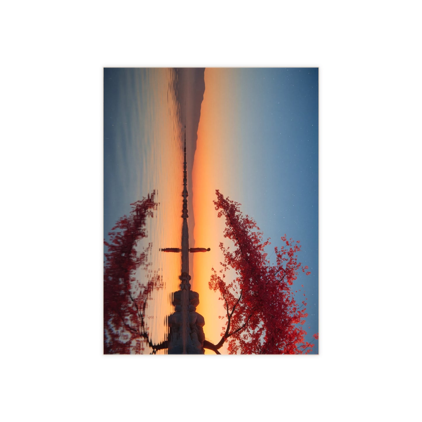 Cherry Blossom Sentinel Ceramic Photo Tile – Twilight Reflections by the Lake