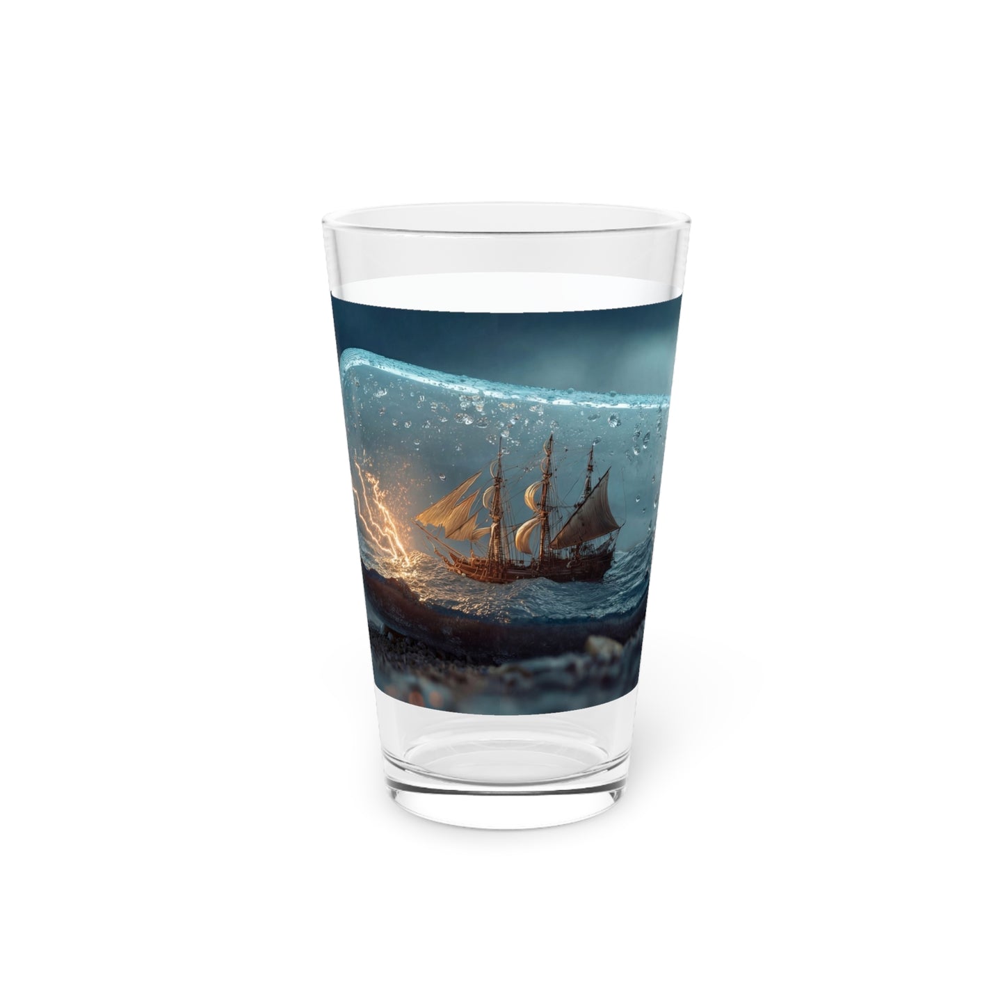 Storm Ship in Bottle Pint Glass – Captured Tempest on a Pebbled Shore