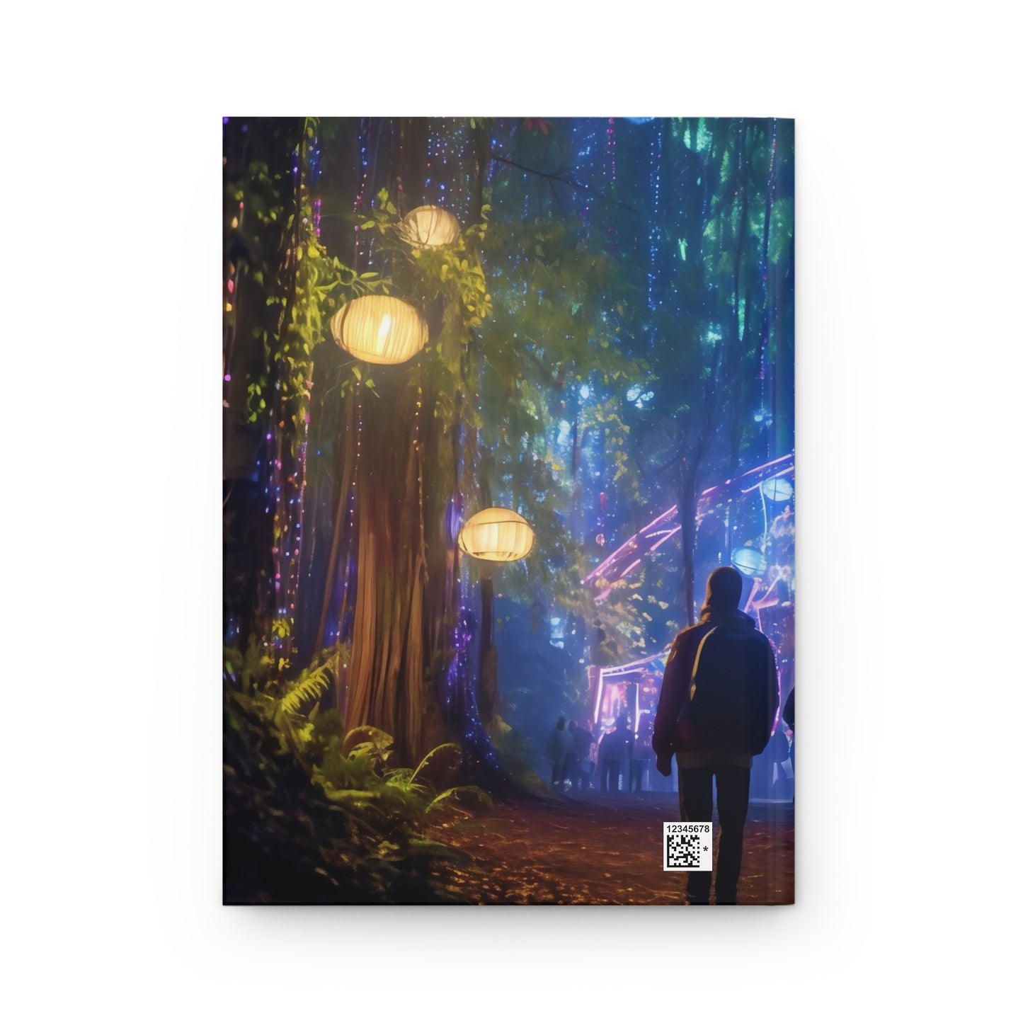 A cyberpunk vision of the Oregon Country Fair, where neon lights illuminate the path, holographic performers entertain the crowd, and the merry blend of tradition and technology creates an enthralling spectacle - Hardcover Journal Matte