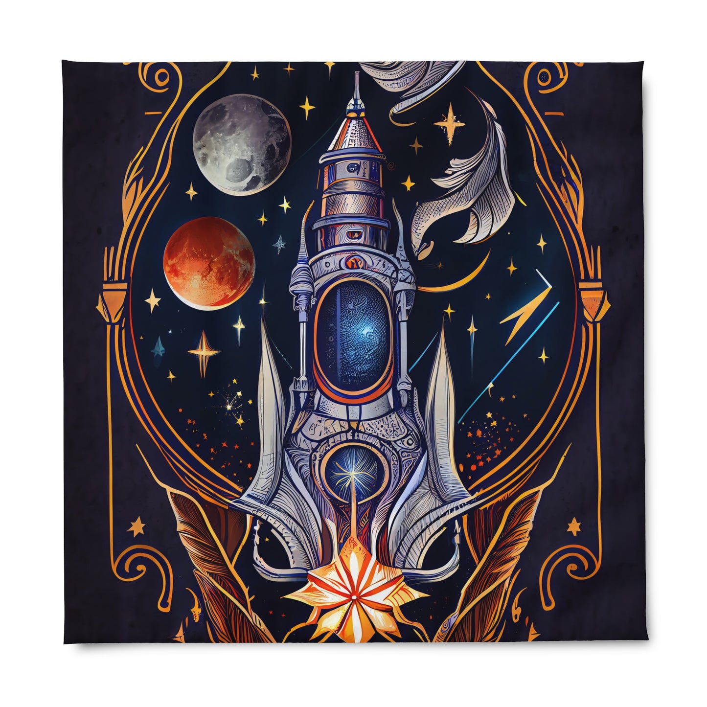 t-shirt design, rocket ship, stars, moons, art nouveau, alphonse much - Duvet Cover