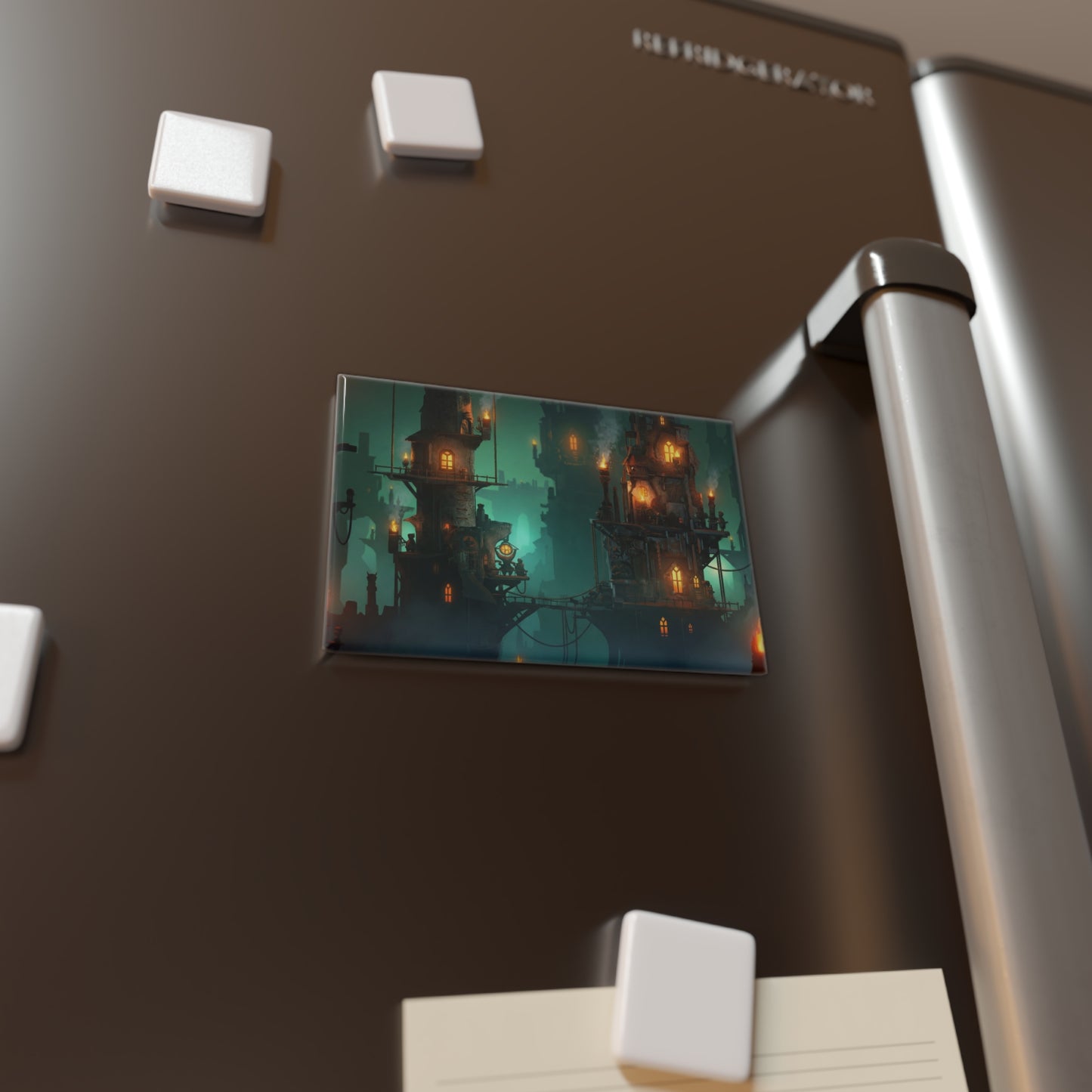 Floating City at Dusk Button Magnet, Rectangle (1 & 10 pcs) – Amber Lights in Emerald Mist