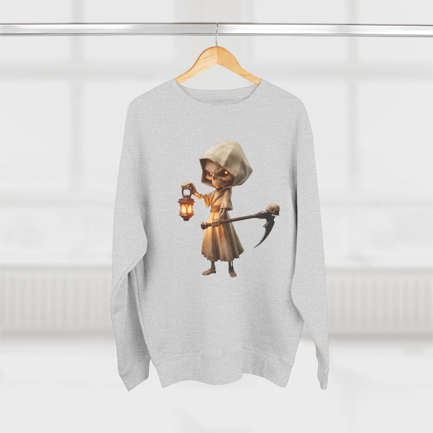 Lantern Bearer Hooded Skeleton Crewneck Sweatshirt – Warm Glow Guardian Art