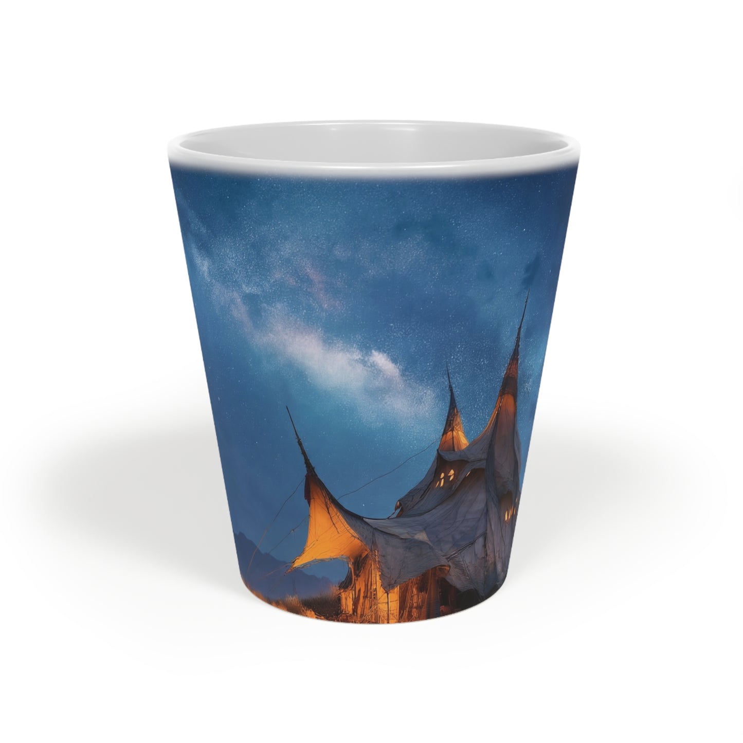 Starlit Tented Haven Latte Mug, 12oz – Warm Light Under the Milky Way