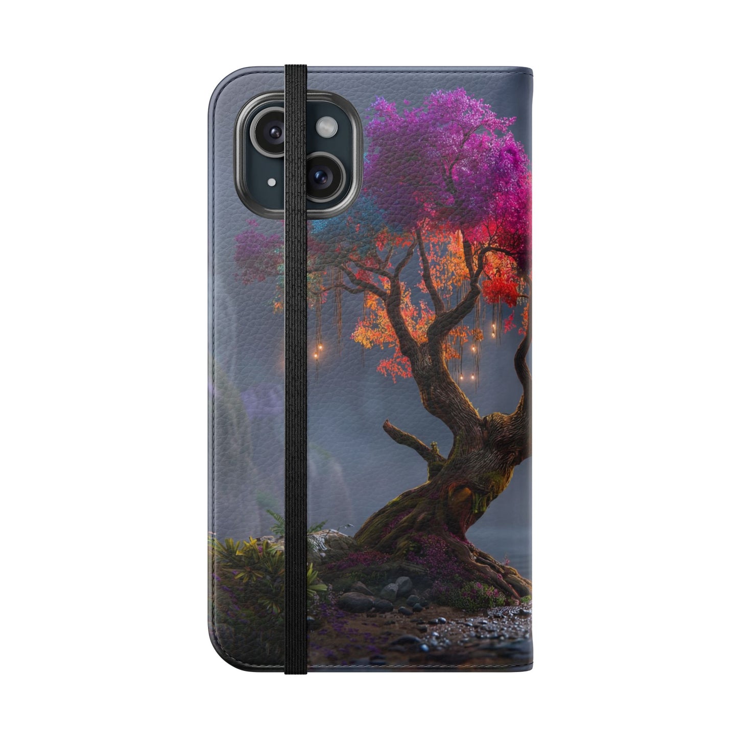 Chromatic Canopy Flip Cases – Rainbow Tree Moonlit Waterfall Scene