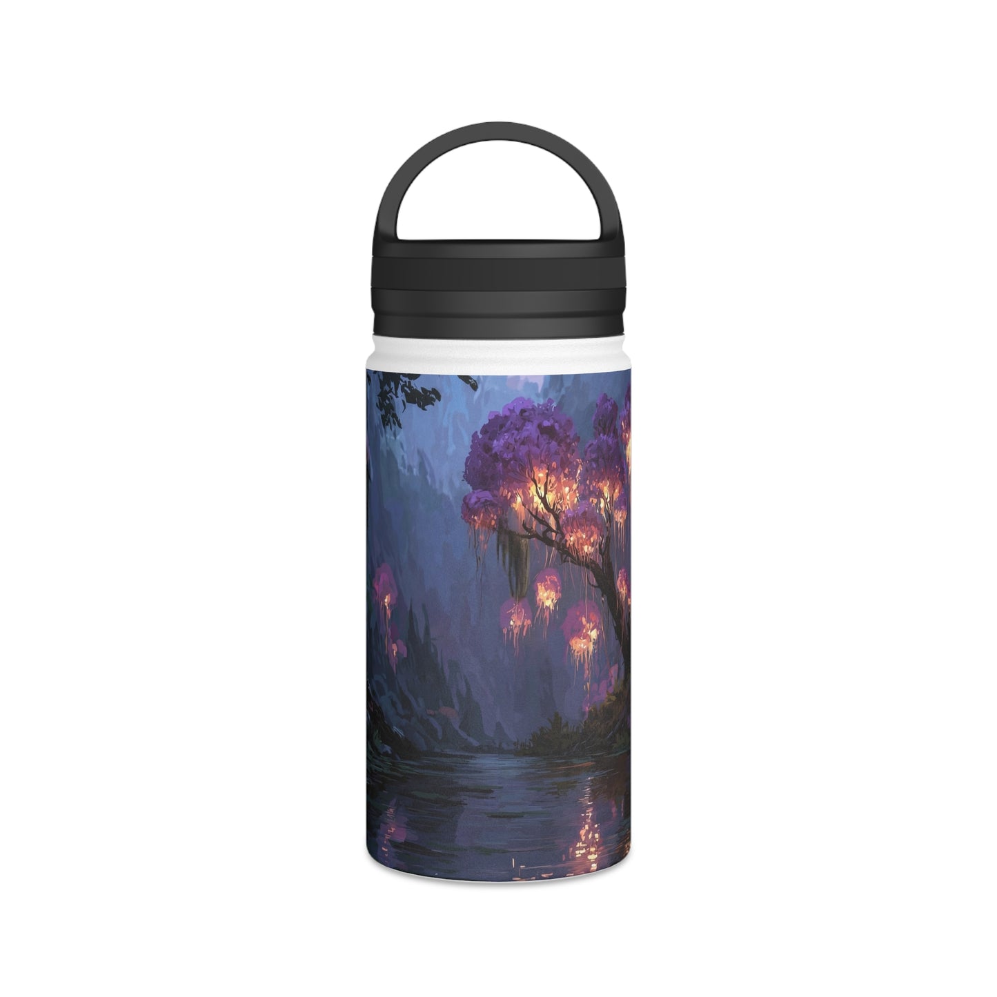 Bioluminescent Grove Stainless Steel Water Bottle, Handle Lid – Twilight’s Whispering Waterscape