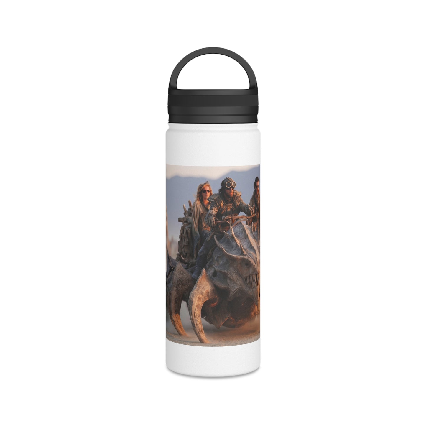 Desert Nomad Chariot Water Bottle – Handle Lid – Dust-Swirled Sunset Ride