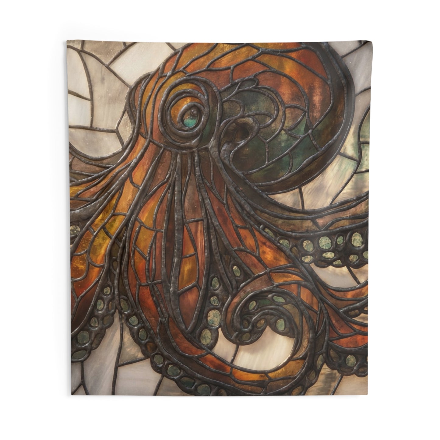 Stained Glass Octopus Wall Tapestry – Amber Tide Guardian