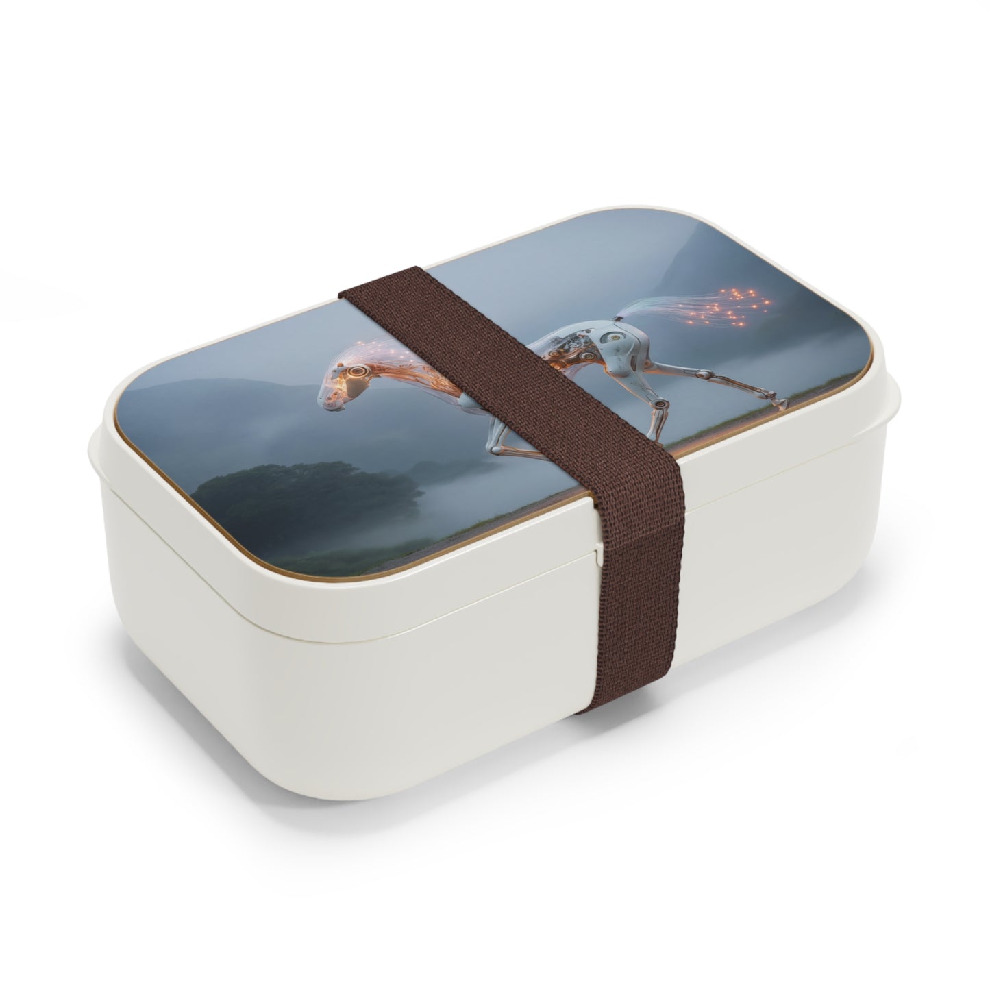 Cybernetic Steed Bento Lunch Box – Glowing Circuitry in Misty Mountains