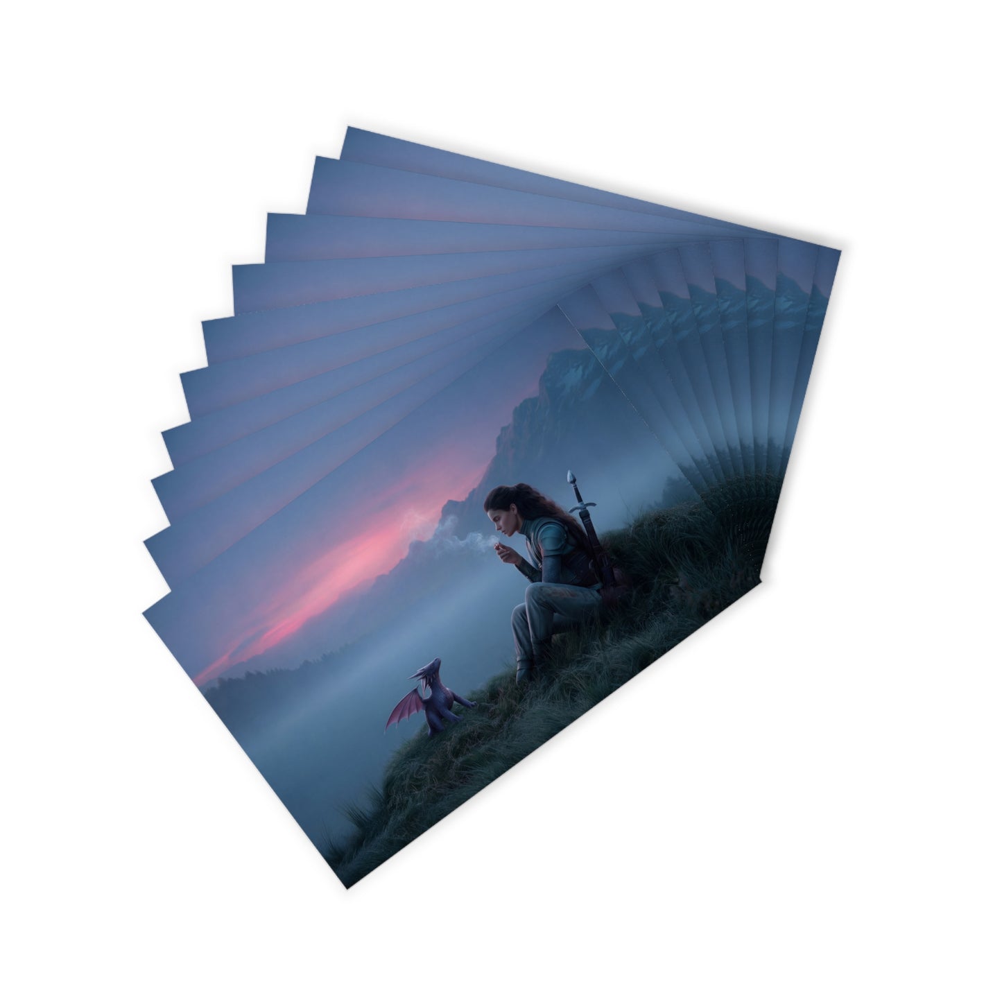 Sentinel & Dragon Postcards (10pcs) – Twilight Rest at the Edge of Mist