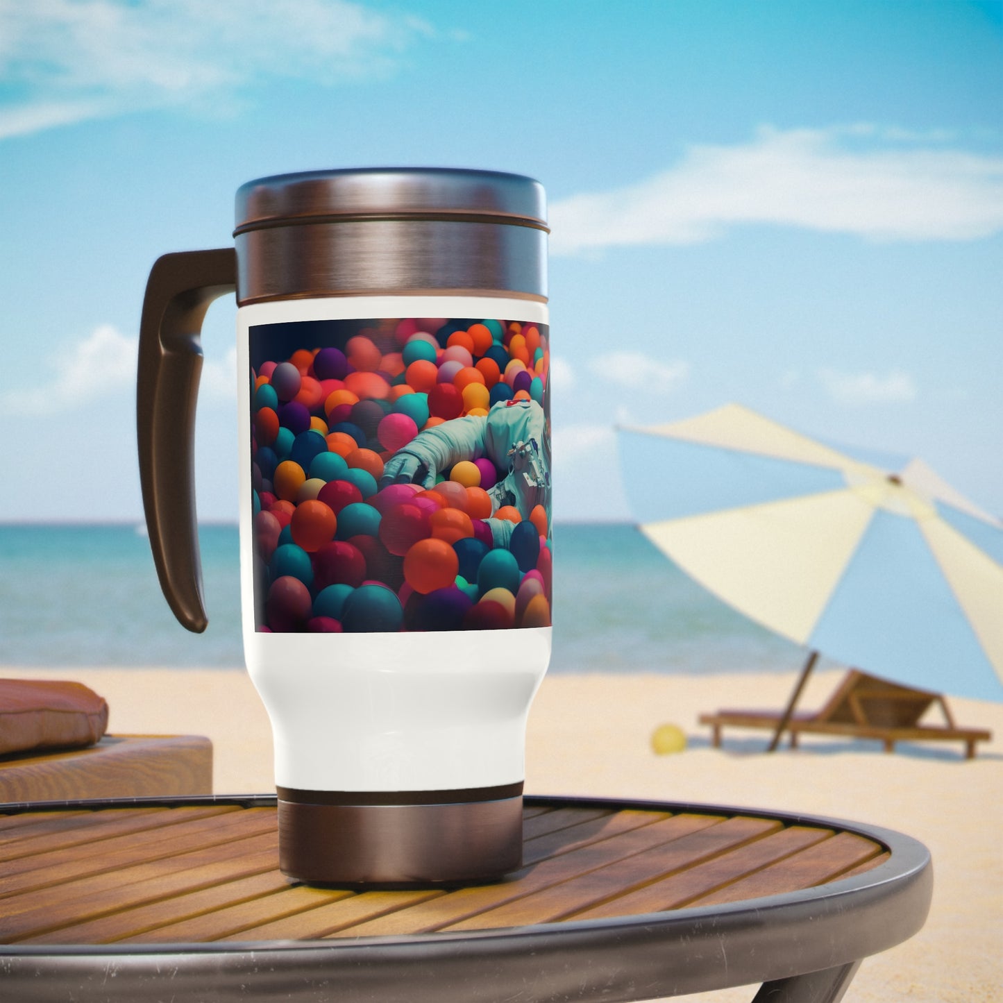 a realistic of photography astronaut lying in colourful balls pool - Stainless Steel Travel Mug with Handle, 14oz