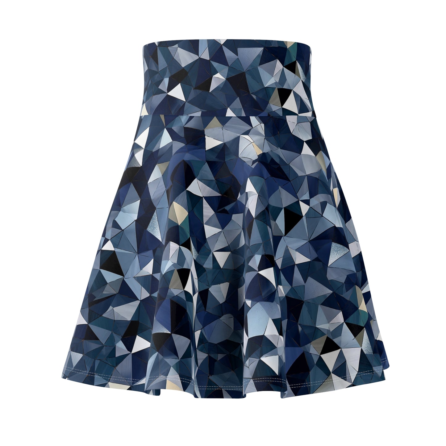 "A geometric pattern inspired by the facets of a telescope lens, using a color scheme of deep navy, cool gray, and shimmering, iridescent accents." - Women's Skater Skirt