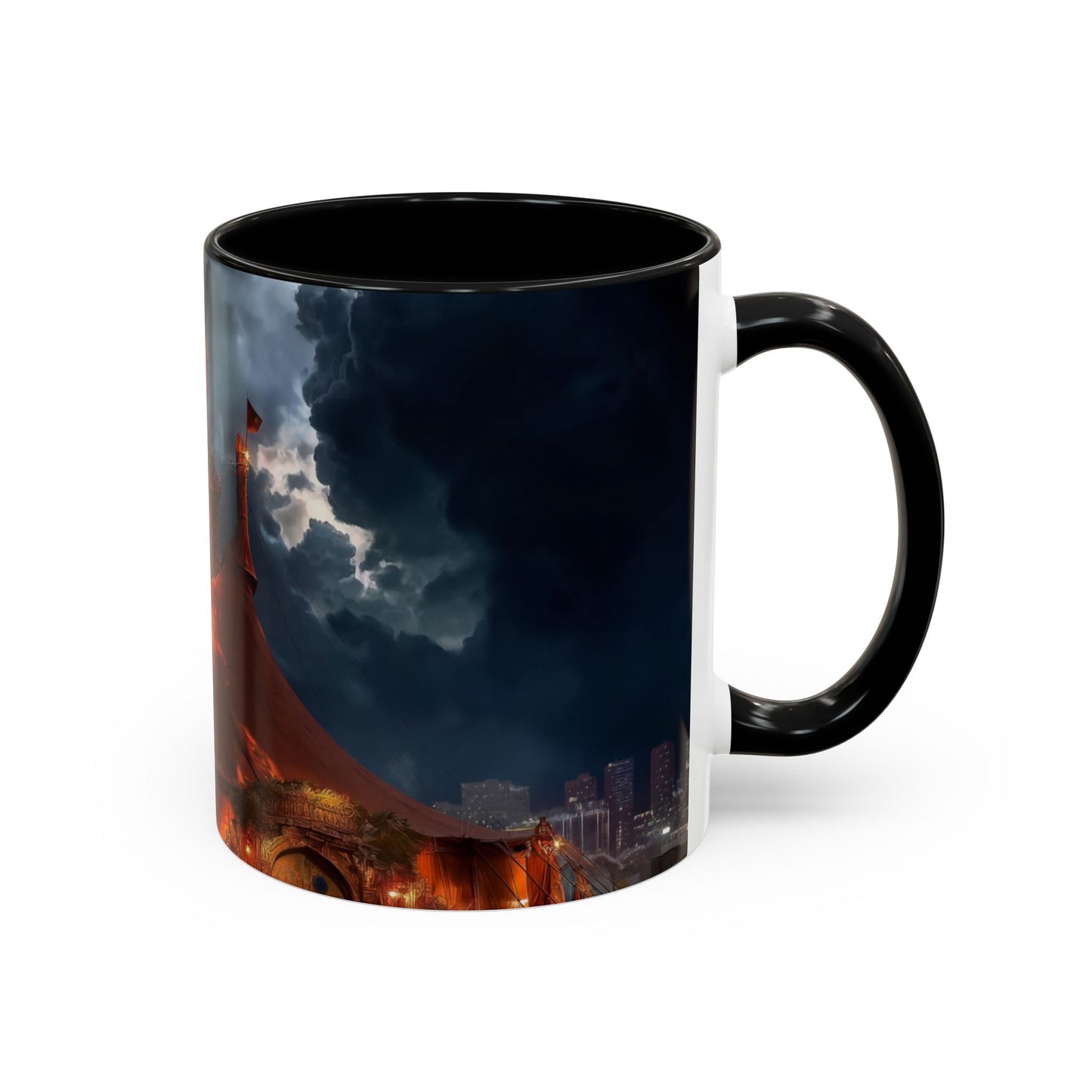 Crimson Circus Tent Accent Coffee Mug (11, 15oz) – Neon Nightscape Under Thunderclouds
