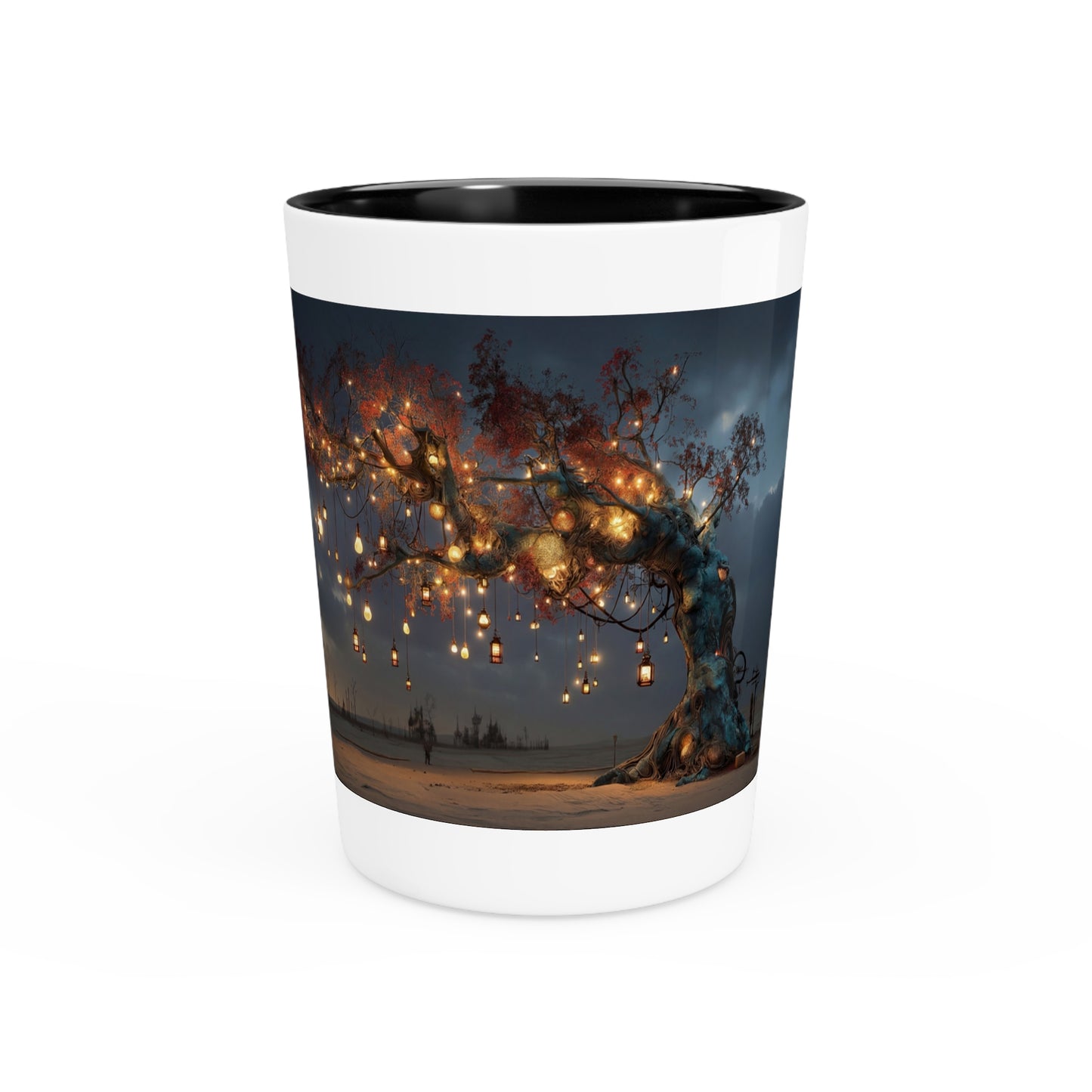 Lantern Tree Shot Glass – Glowing Canopy Against Twilight Sky