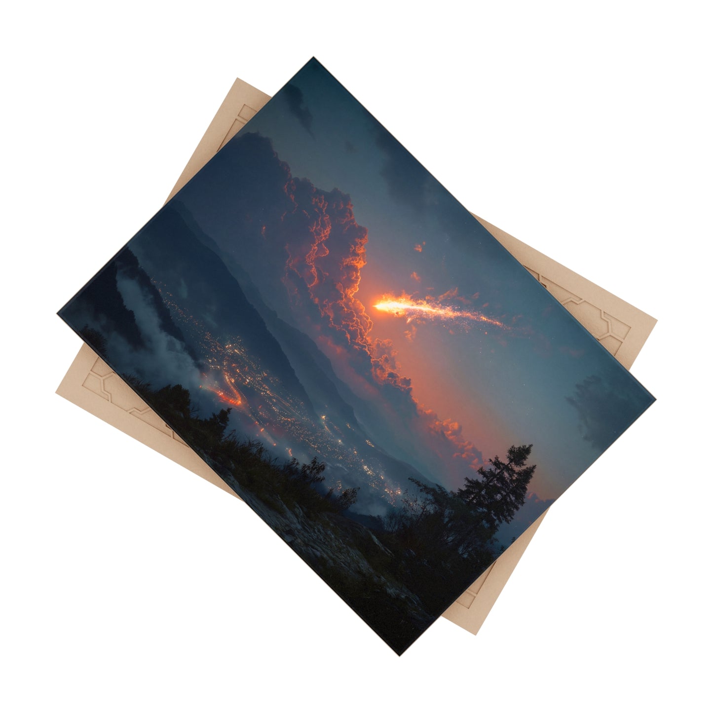 Celestial Fireball Ceramic Photo Tile – Dawn’s Meteor Over Mountain Vale