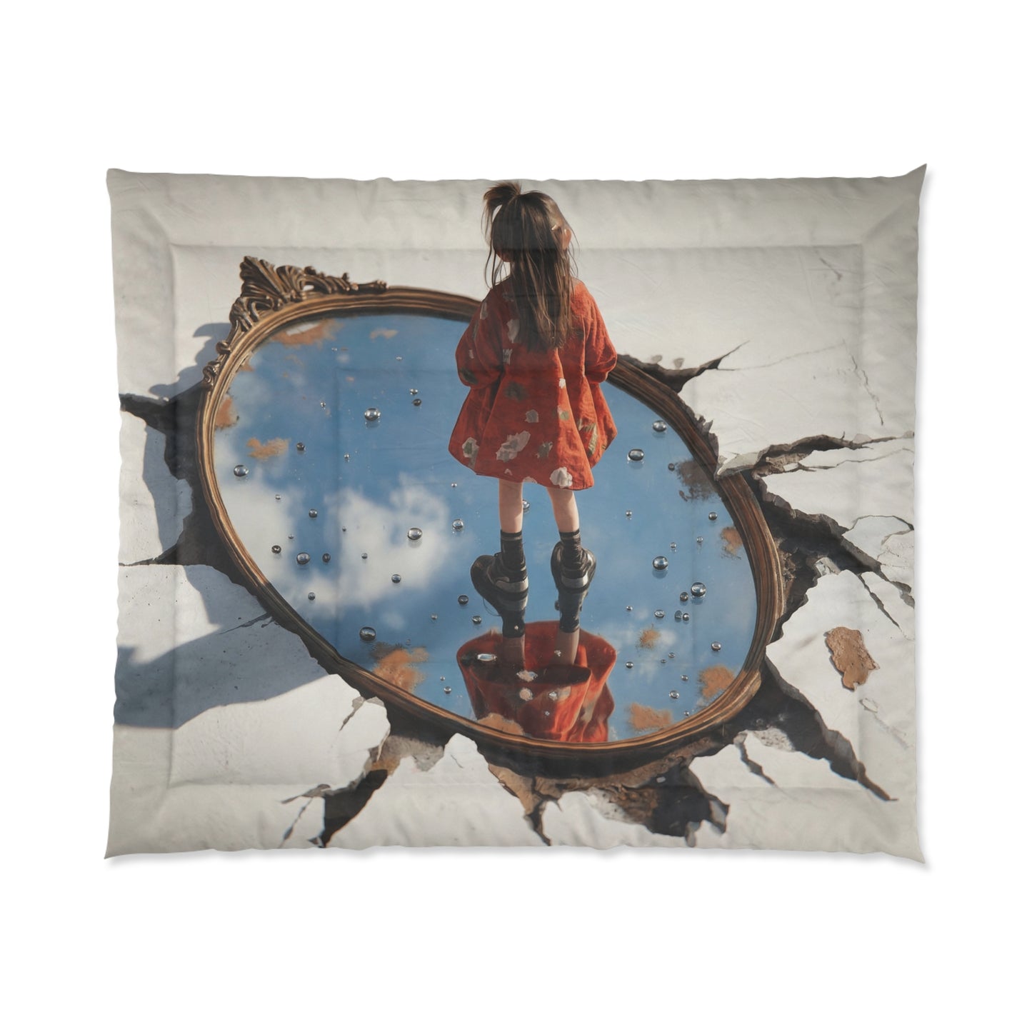 Girl Standing in Broken Mirror Comforter – Sky Reflections and Cracked Walls