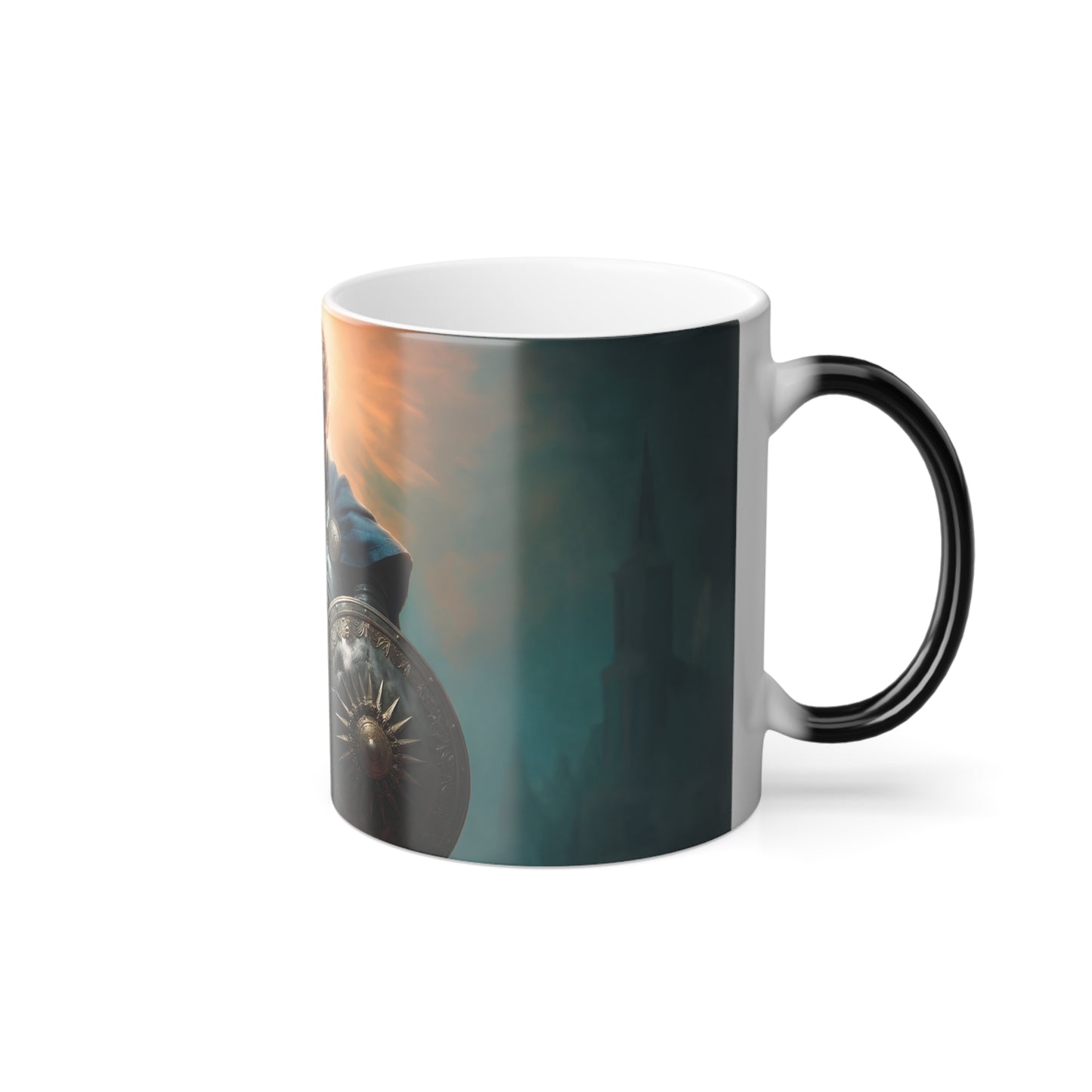 Dawn-Kissed Knight Color Morphing Mug, 11oz – Radiant Resolve in Steel and Light