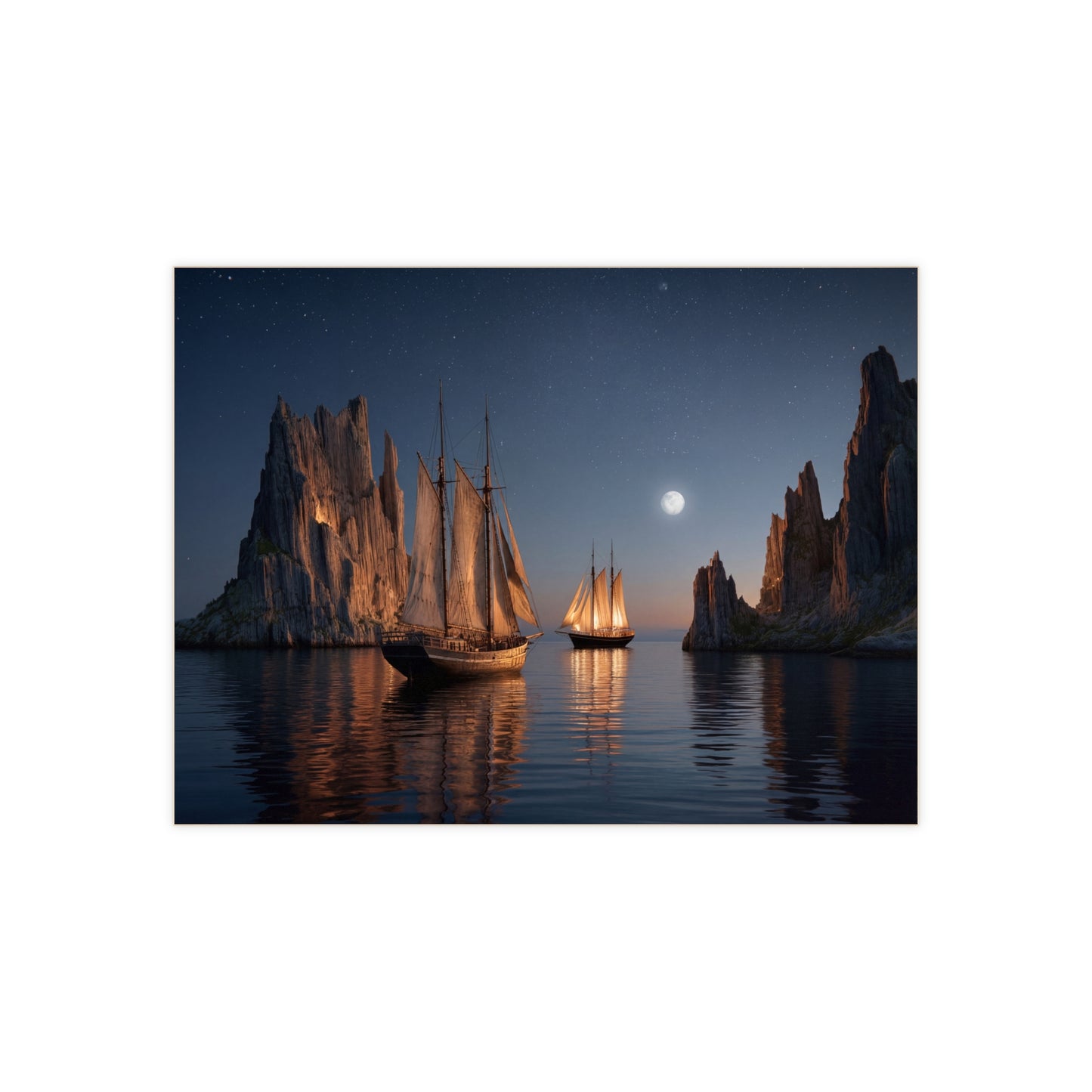 Moonlit Sailors Ceramic Photo Tile – Voyage Between Jagged Peaks