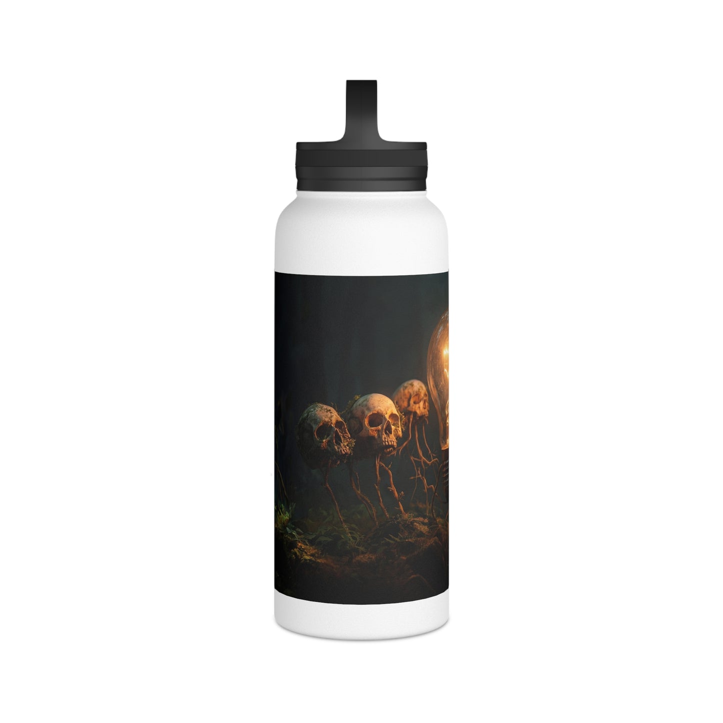 Glowing Lightbulb in Haunted Forest Stainless Steel Water Bottle, Handle Lid – Illuminated Wisdom Amidst the Roots
