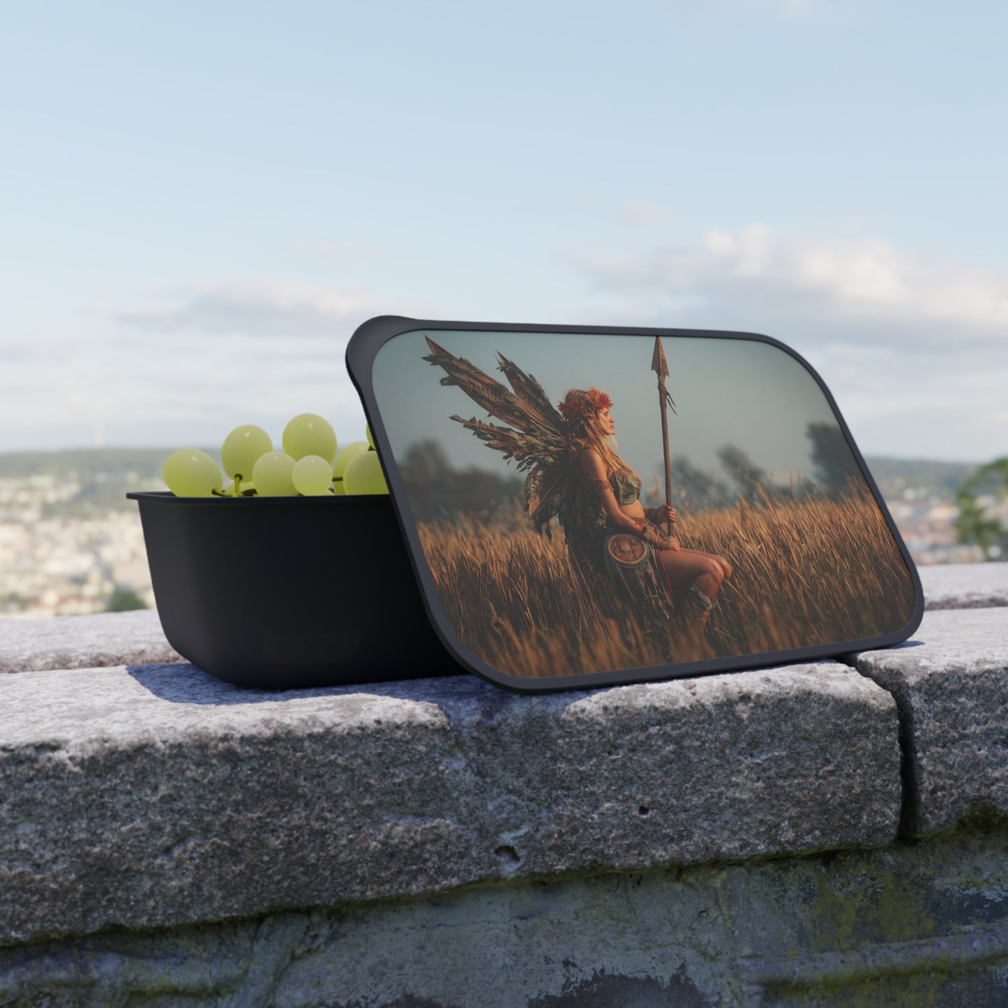 Warrior Fairy in Golden Field PLA Bento Box with Band and Utensils – Sunset Sentinel