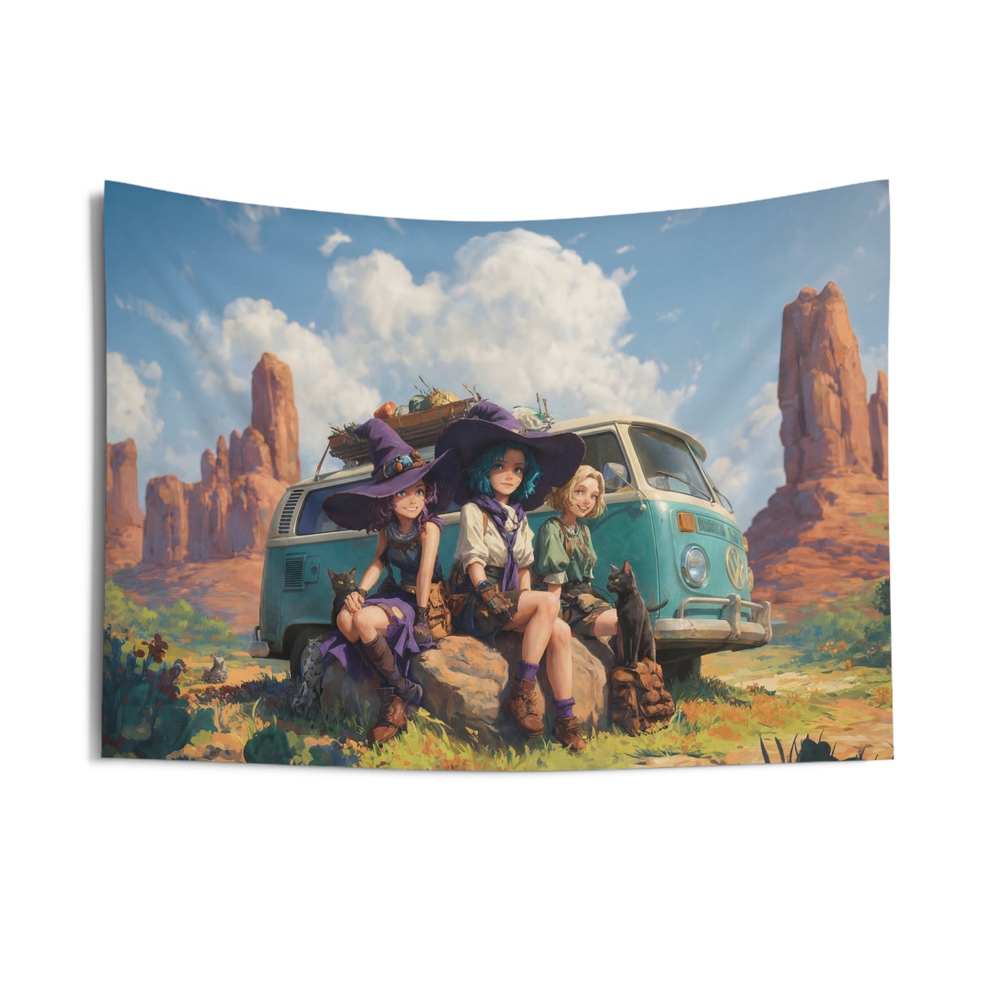 Witch Trio Van Adventure Indoor Wall Tapestries – Sun-Kissed Southwest Odyssey