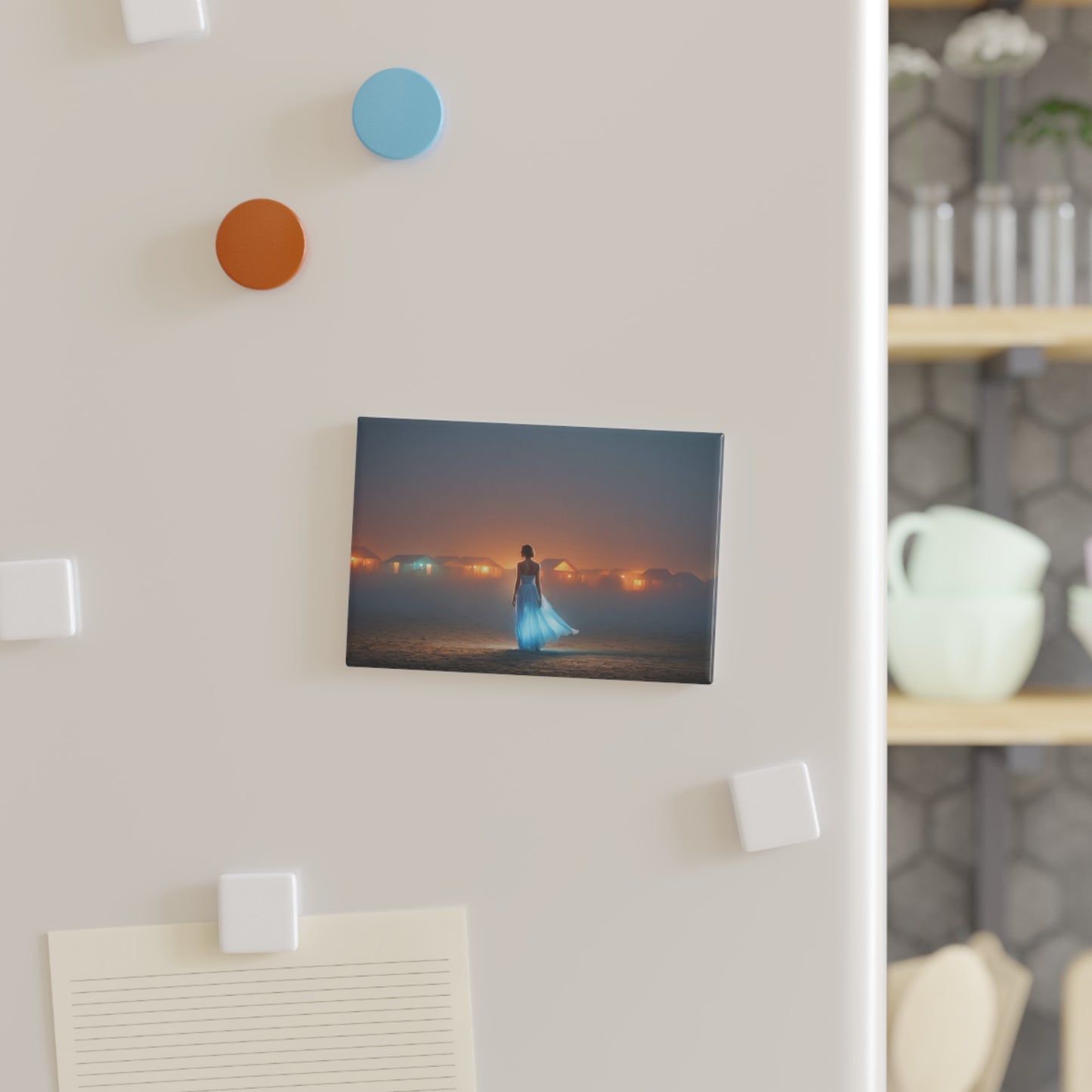 Twilight Beach Dreamer Button Magnet, Rectangle (1 & 10 pcs) – Luminescent Gown Against Glowing Cabins