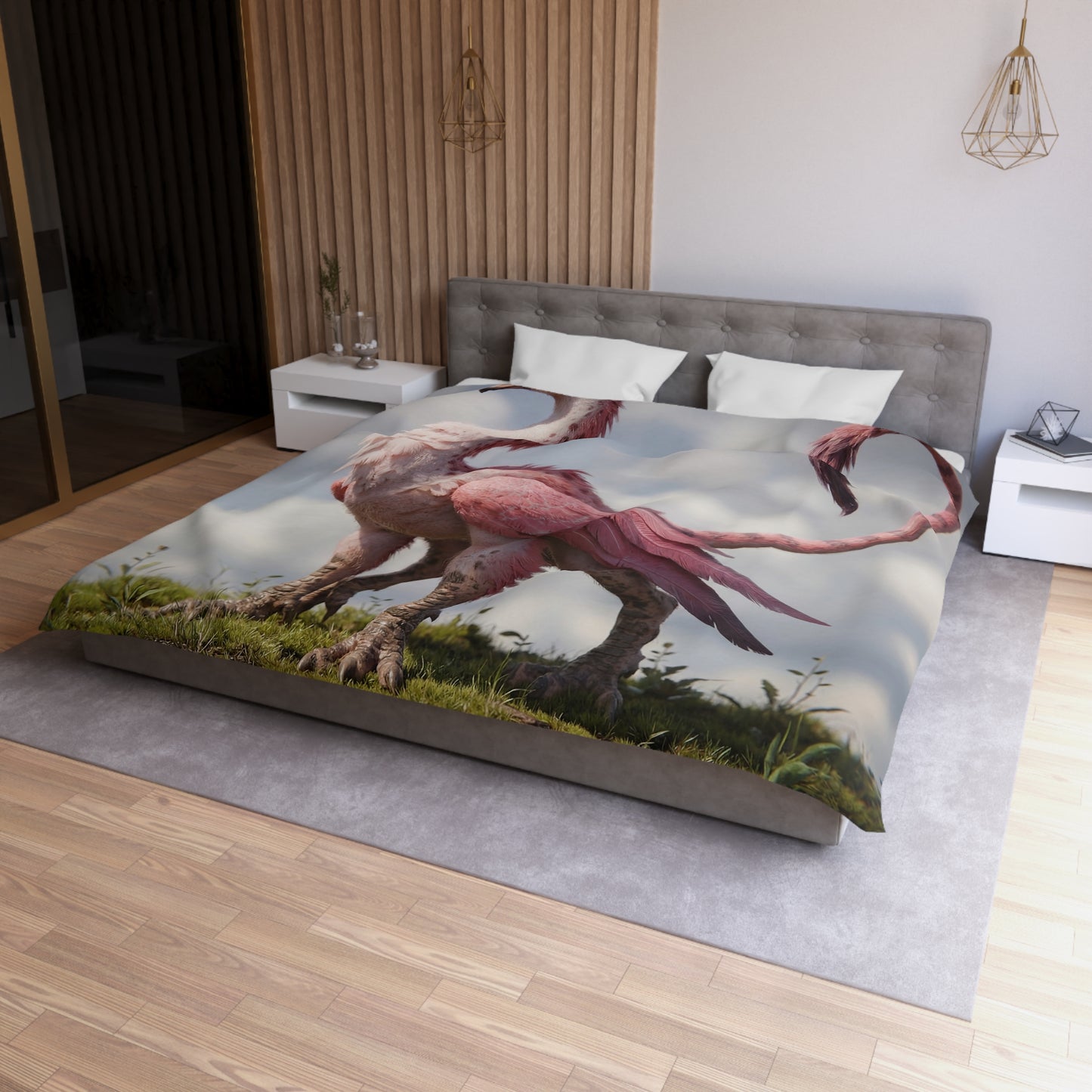 Pink Dawn Sentinel Microfiber Duvet Cover – Soft Feathers Against Sky Reflections