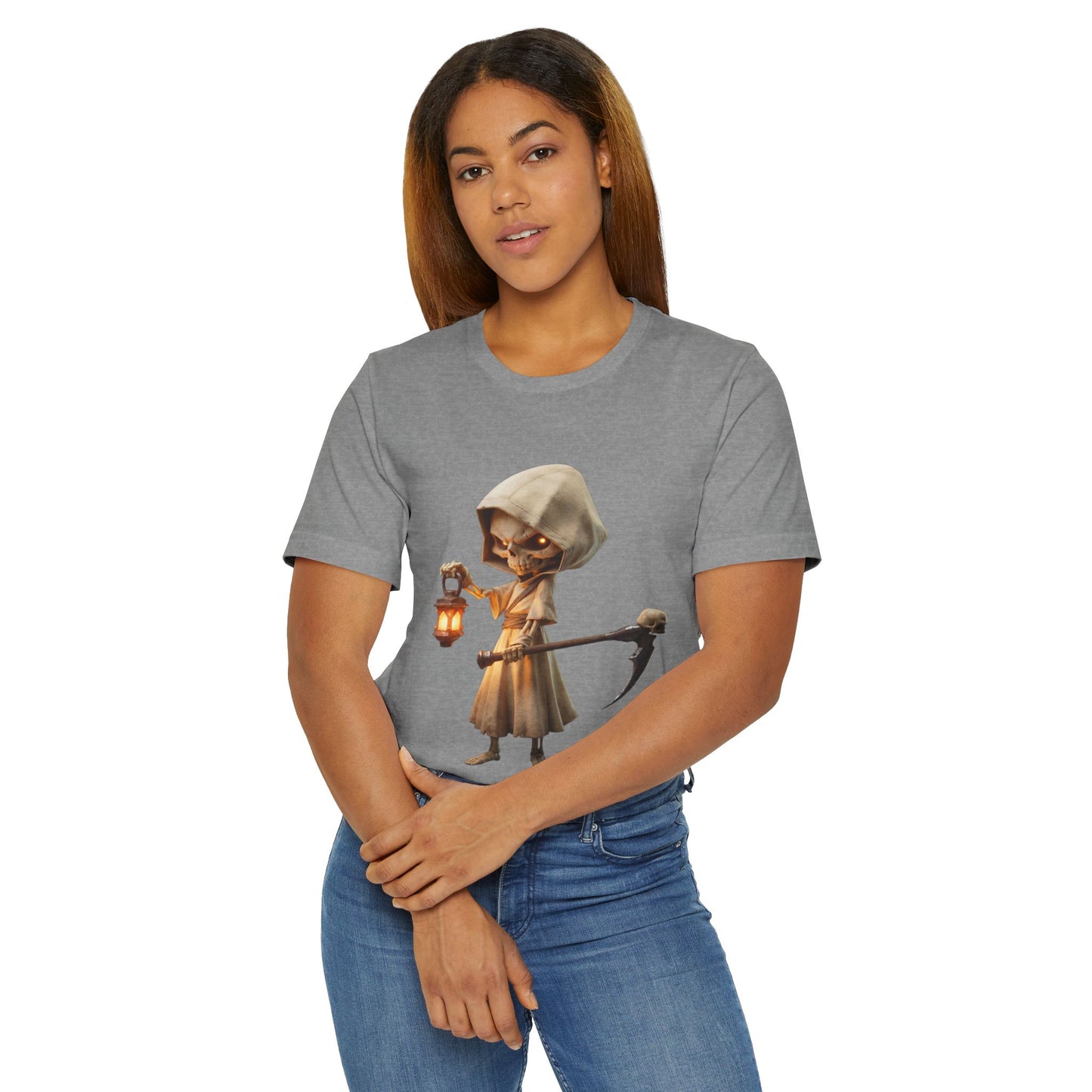 Lantern-Bearing Reaper Jersey T-Shirt – Candlelit Skeleton Sentinel
