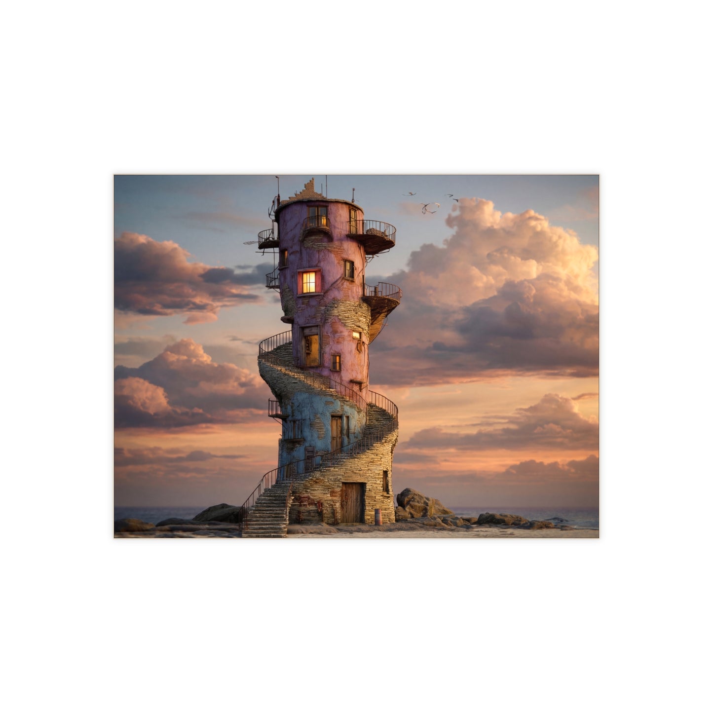 Abandoned Lighthouse Ceramic Photo Tile – Twilight’s Warm Embrace