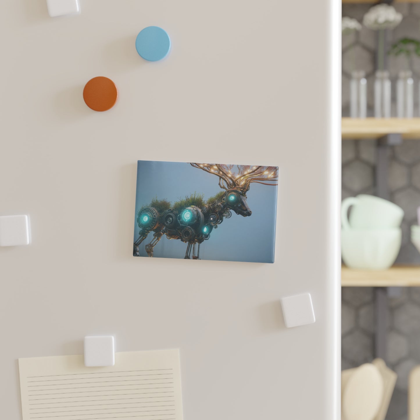 Cybernetic Forest Stag Button Magnet, Rectangle (1 & 10 pcs) – Glowing Antlers in Misty Dawn