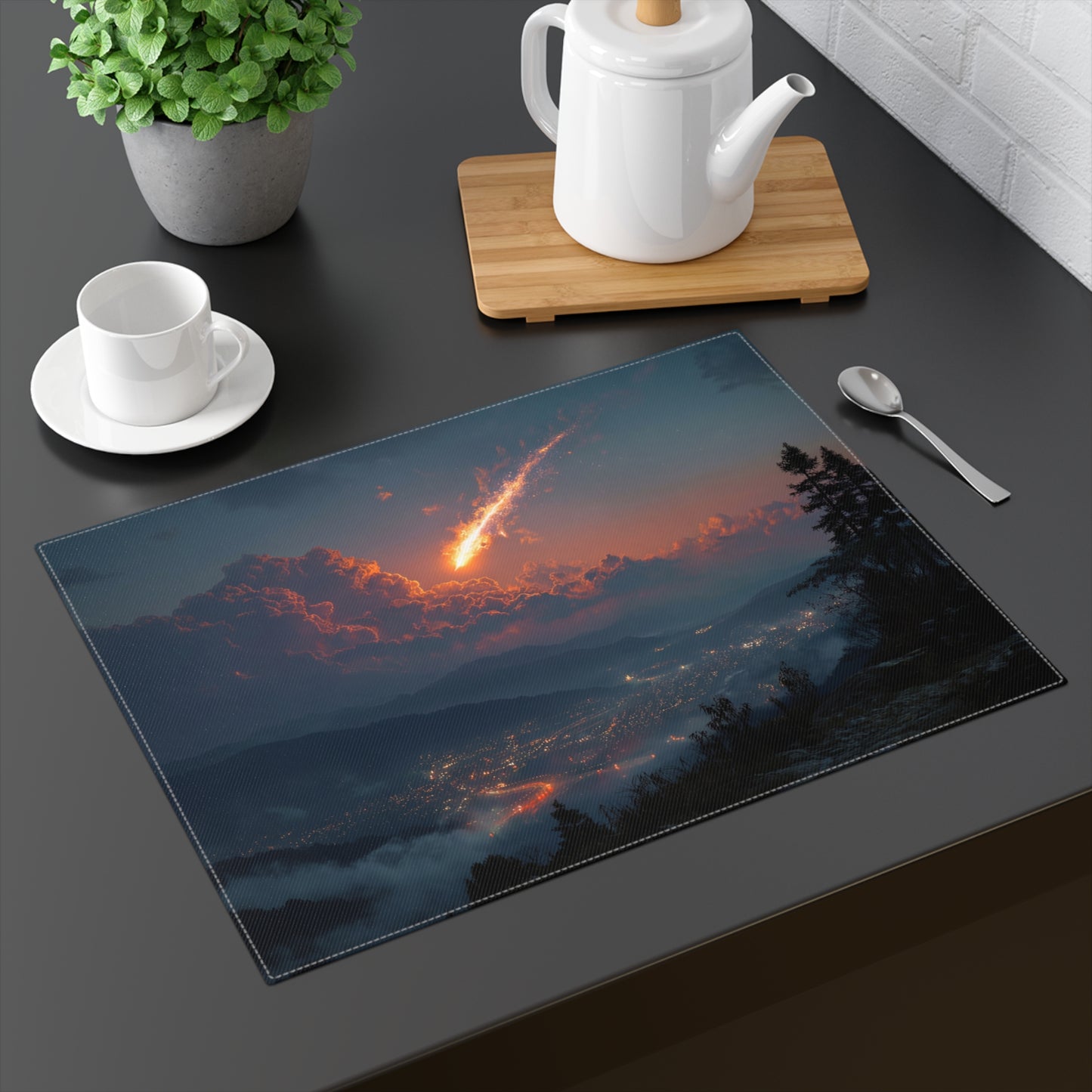 Celestial Fireball Placemat – Twilight Skyfall Over Mountain Vale