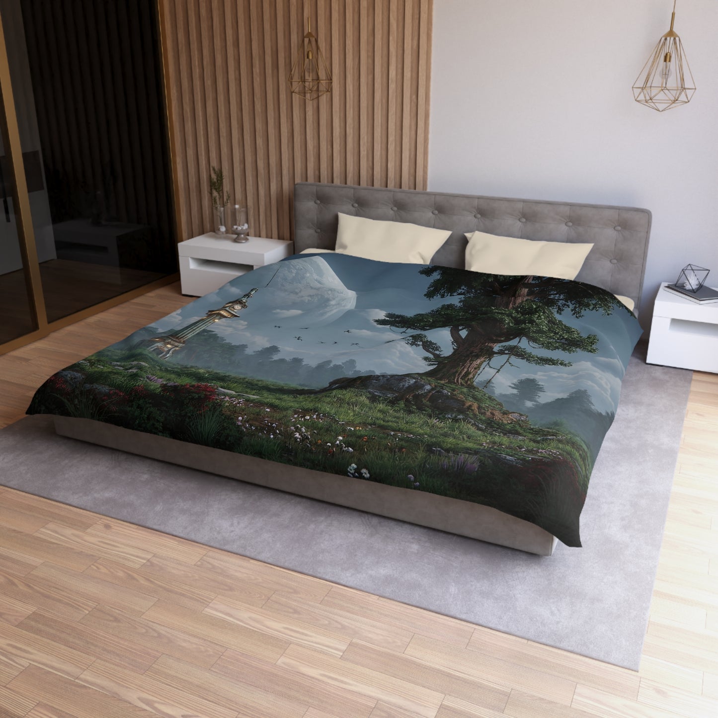 Lunar Clock Tower Duvet Cover – Whispers Beneath the Sky’s Dome