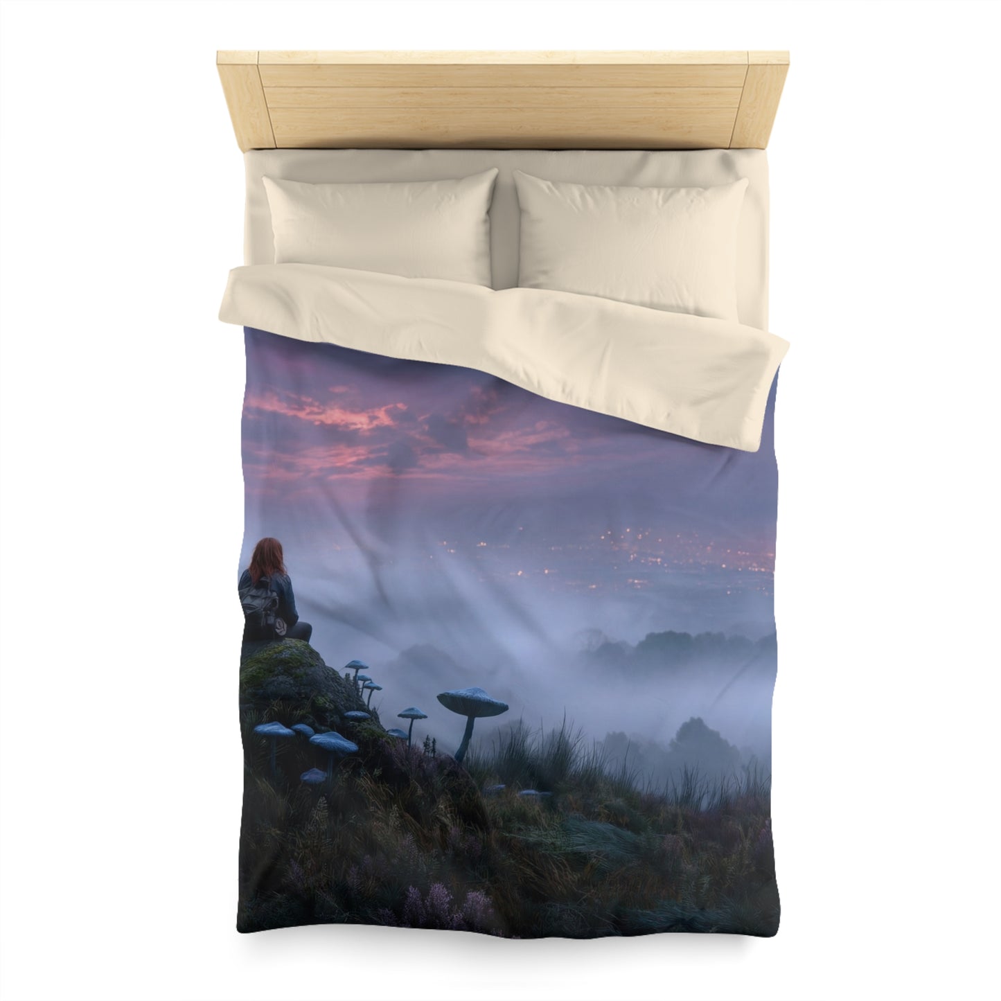 Moonlit Wanderer Microfiber Duvet Cover – Twilight Vista with Bioluminescent Fungi
