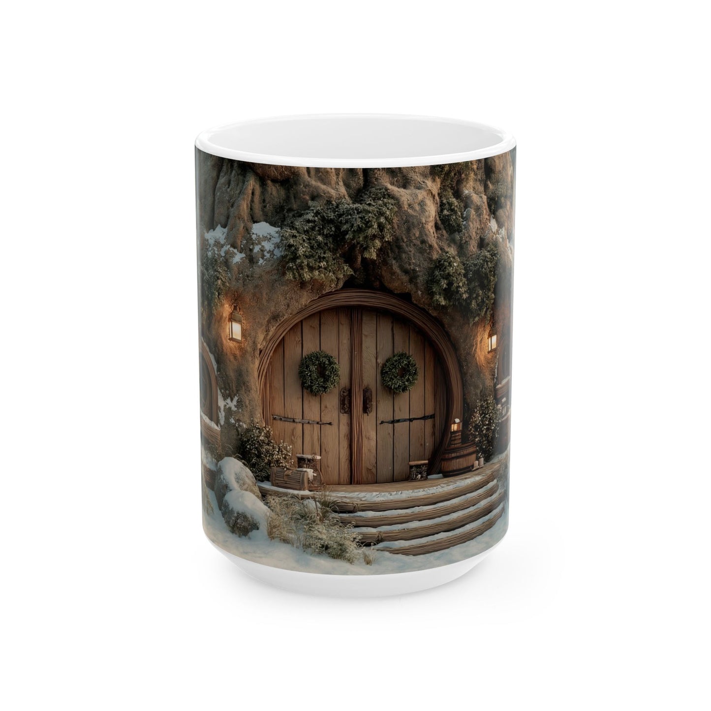 Winter Treehouse Doorway Mug – Snowbound Hearth Glow Ceramic (11oz, 15oz)
