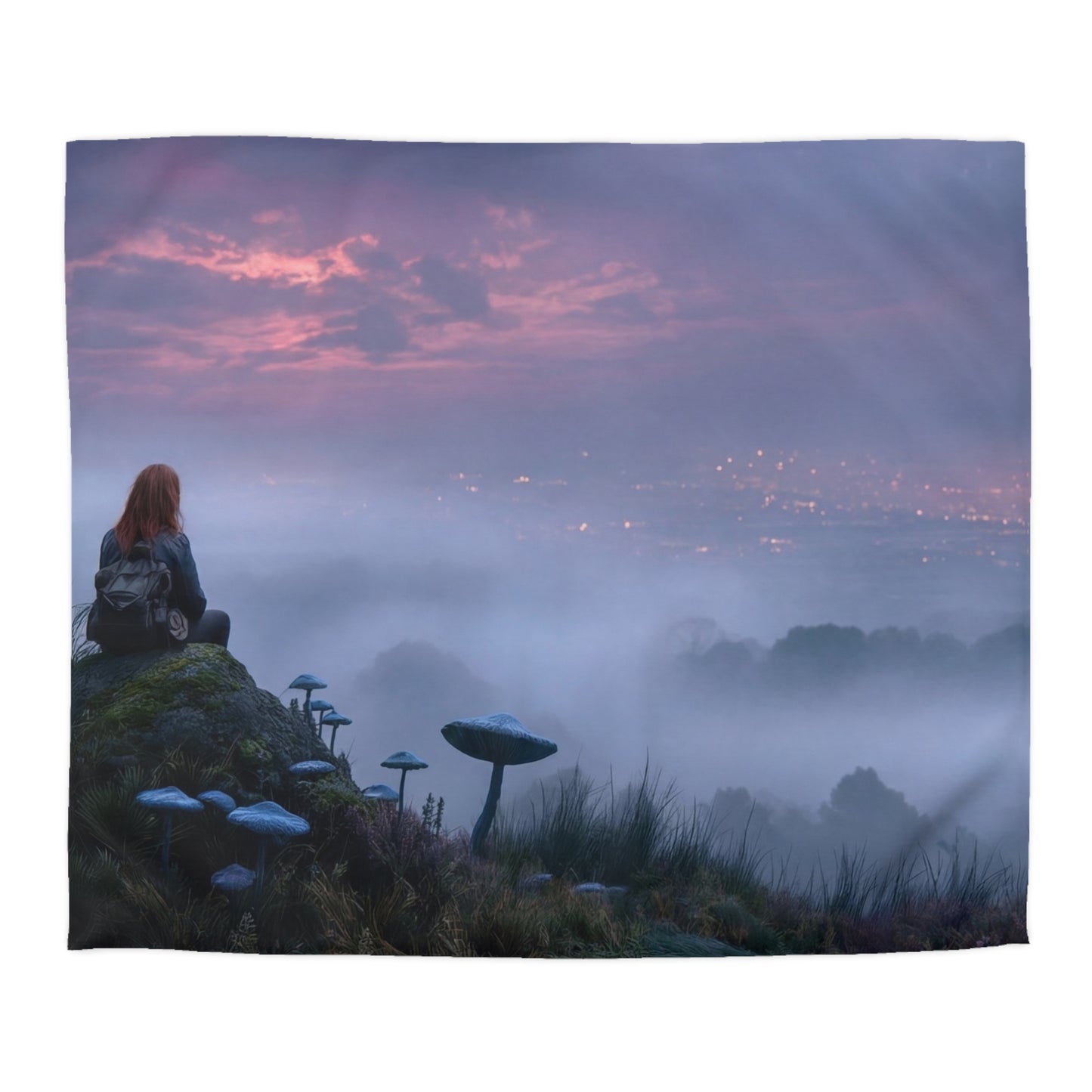 Moonlit Wanderer Microfiber Duvet Cover – Twilight Vista with Bioluminescent Fungi