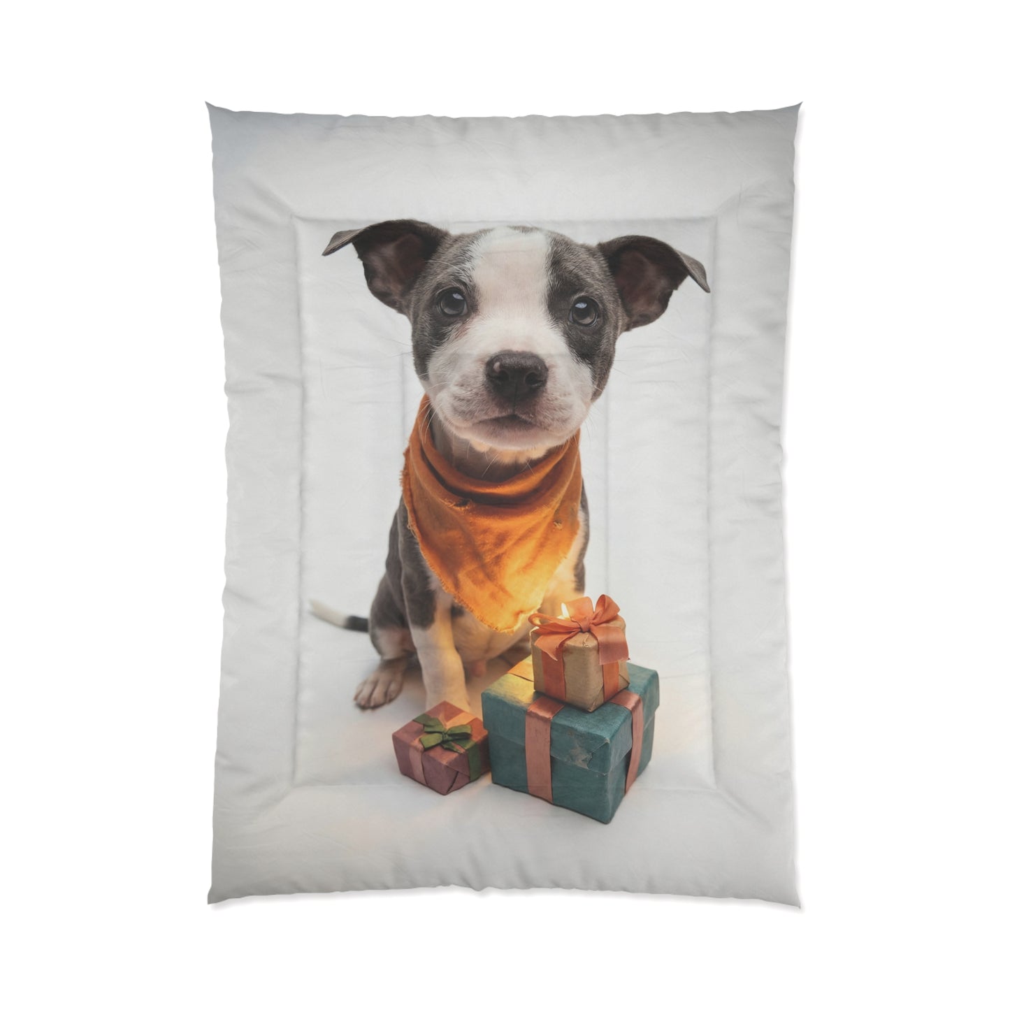 Gift-Wrapped Puppy Comforter – Warm Ember Whiskers & Crisp Paper Dreams