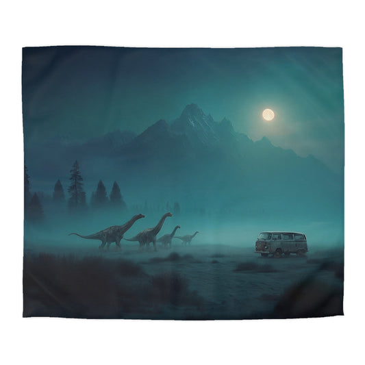Moonlit Dinosaur Migration Microfiber Duvet Cover – Vintage Van & Misty Peaks