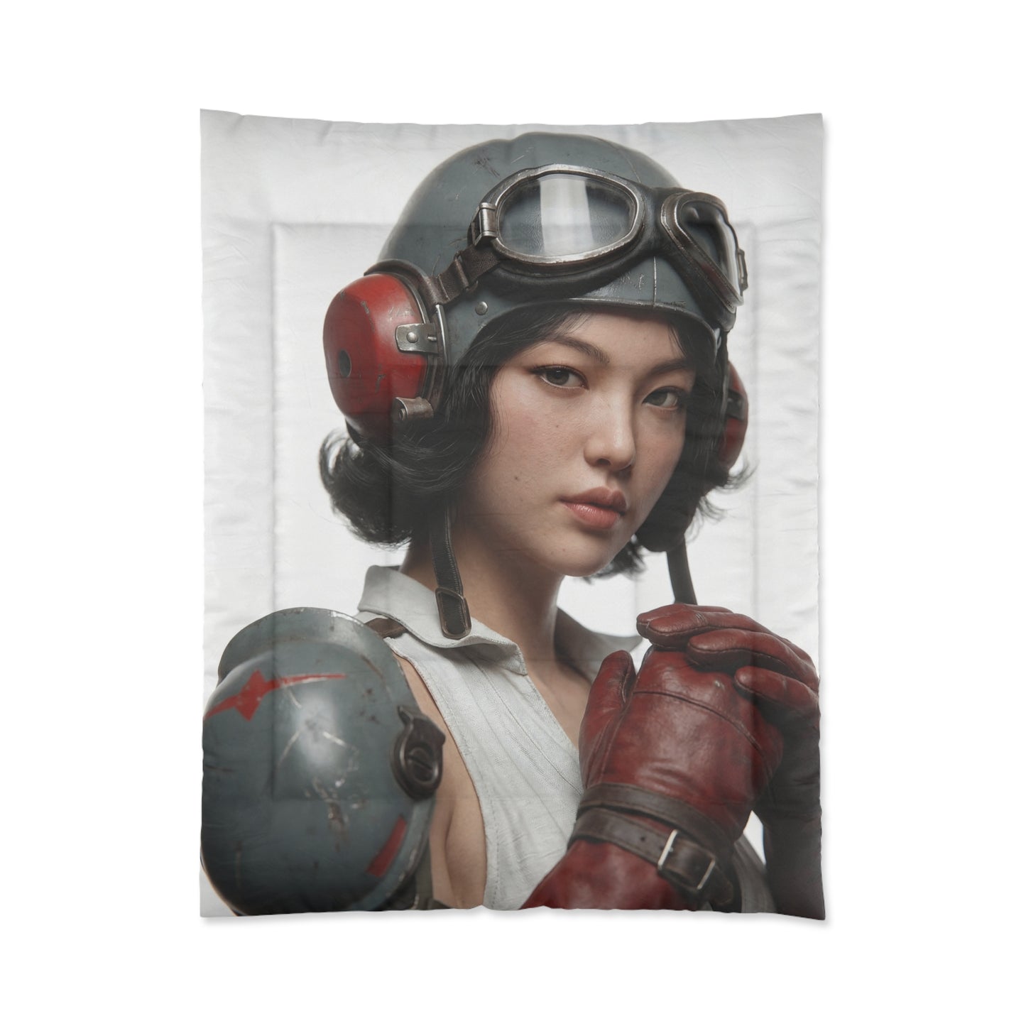 Vintage Pilot Portrait Comforter – Crimson Goggles & Steel Helm