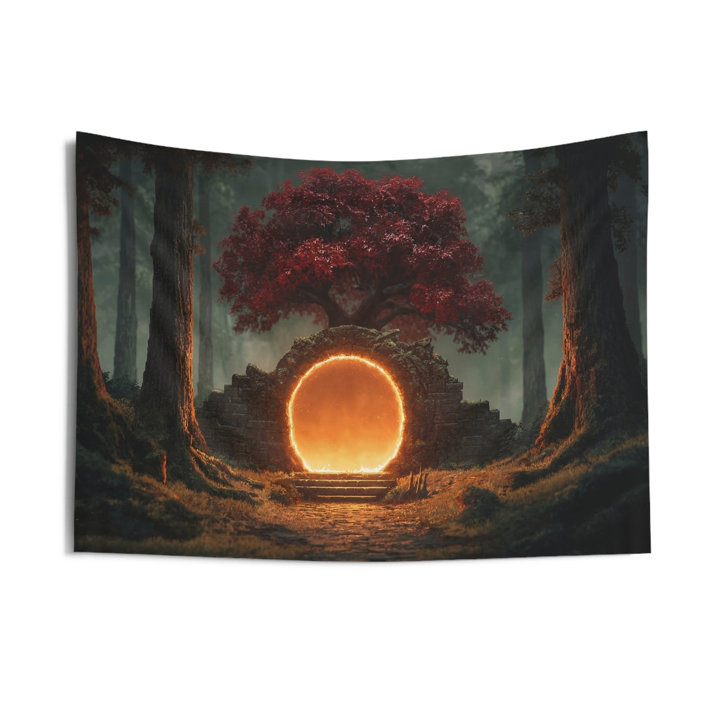 Whispering Gate Forest Tapestry – Crimson Tree Portal Dreamscape