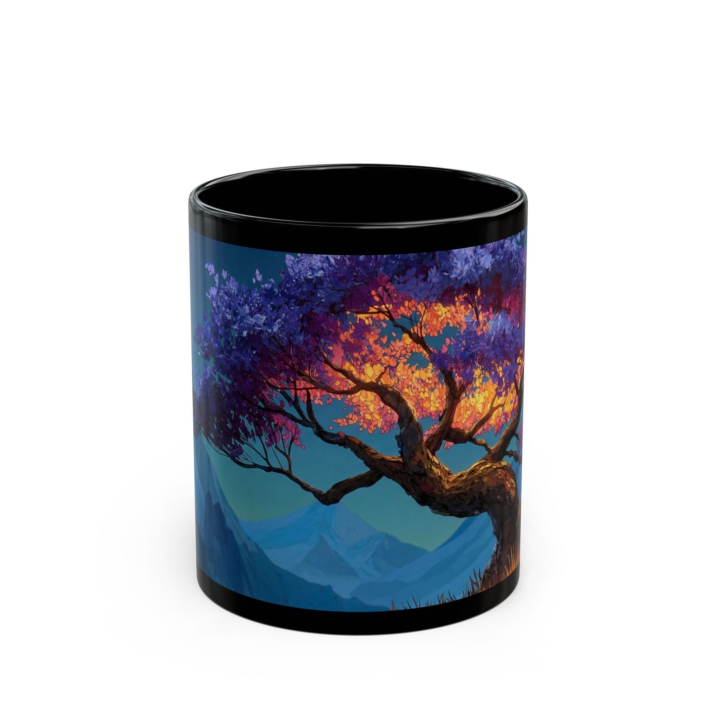 Starlit Twilight Tree Black Mug – Celestial Bloom Dreamscape