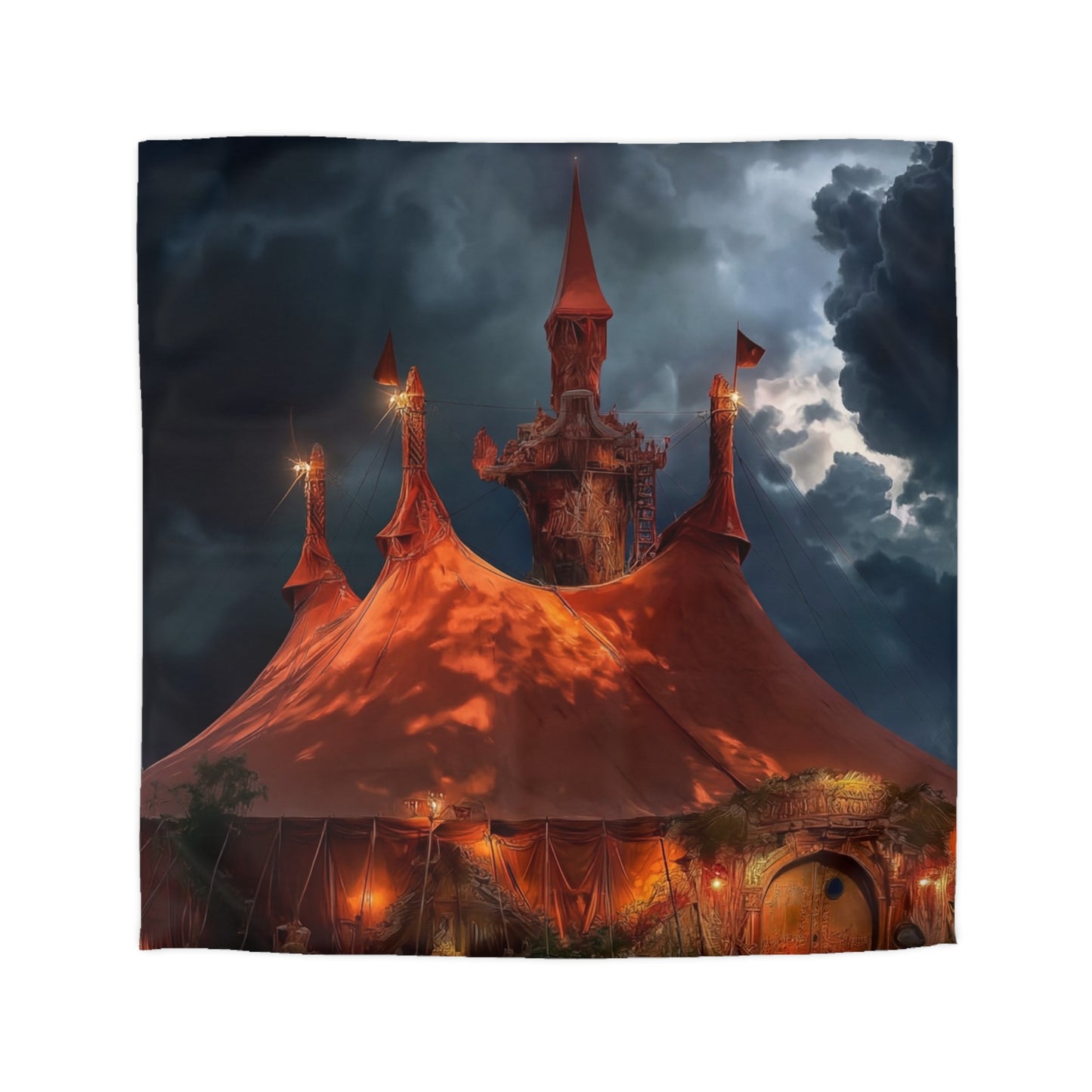 Crimson Carnival Tent Duvet Cover – City Lights Under Stormy Skies