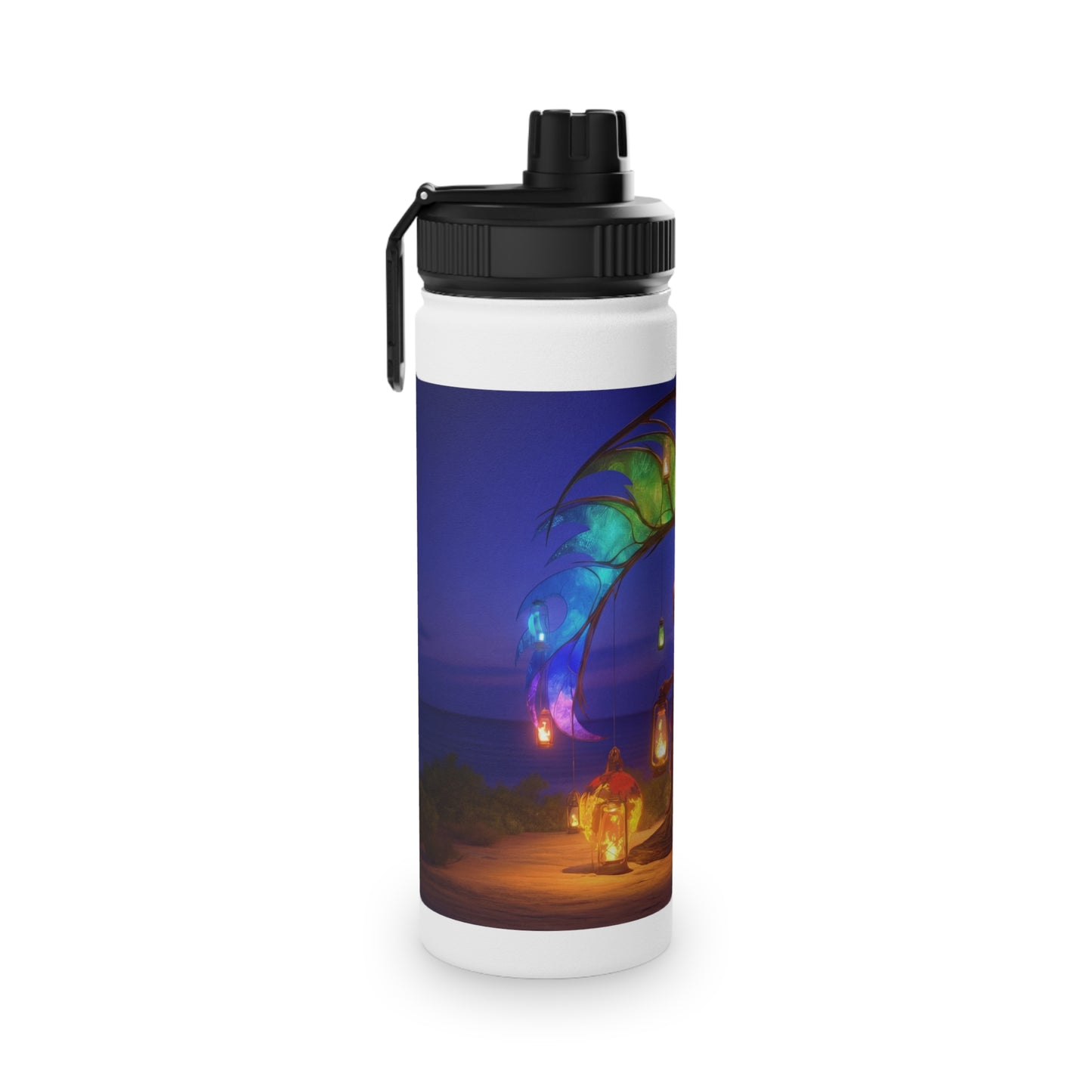Luminous Phoenix Arch Water Bottle – Twilight Sanctuary with Hanging Lanterns