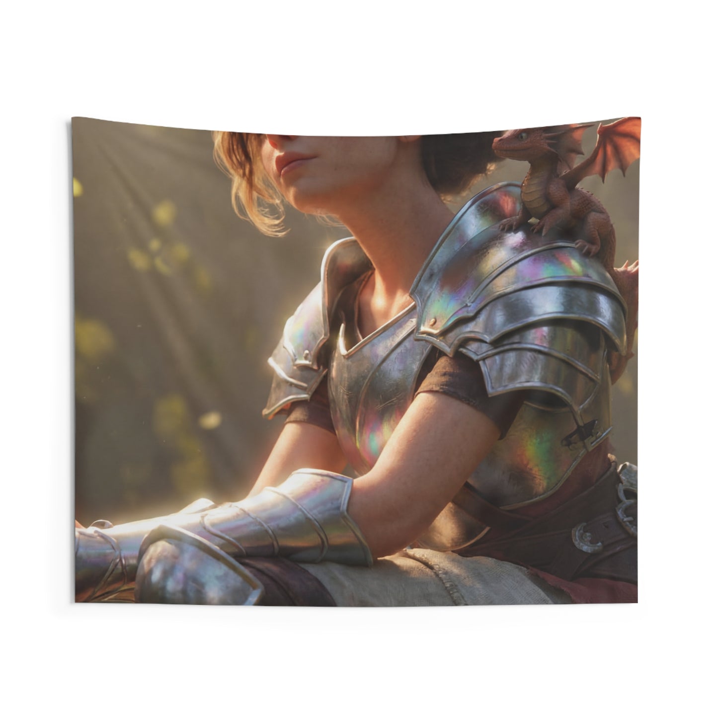 Elf Sentinel with Dragon Companion Indoor Wall Tapestries – Sunlit Forest Refuge