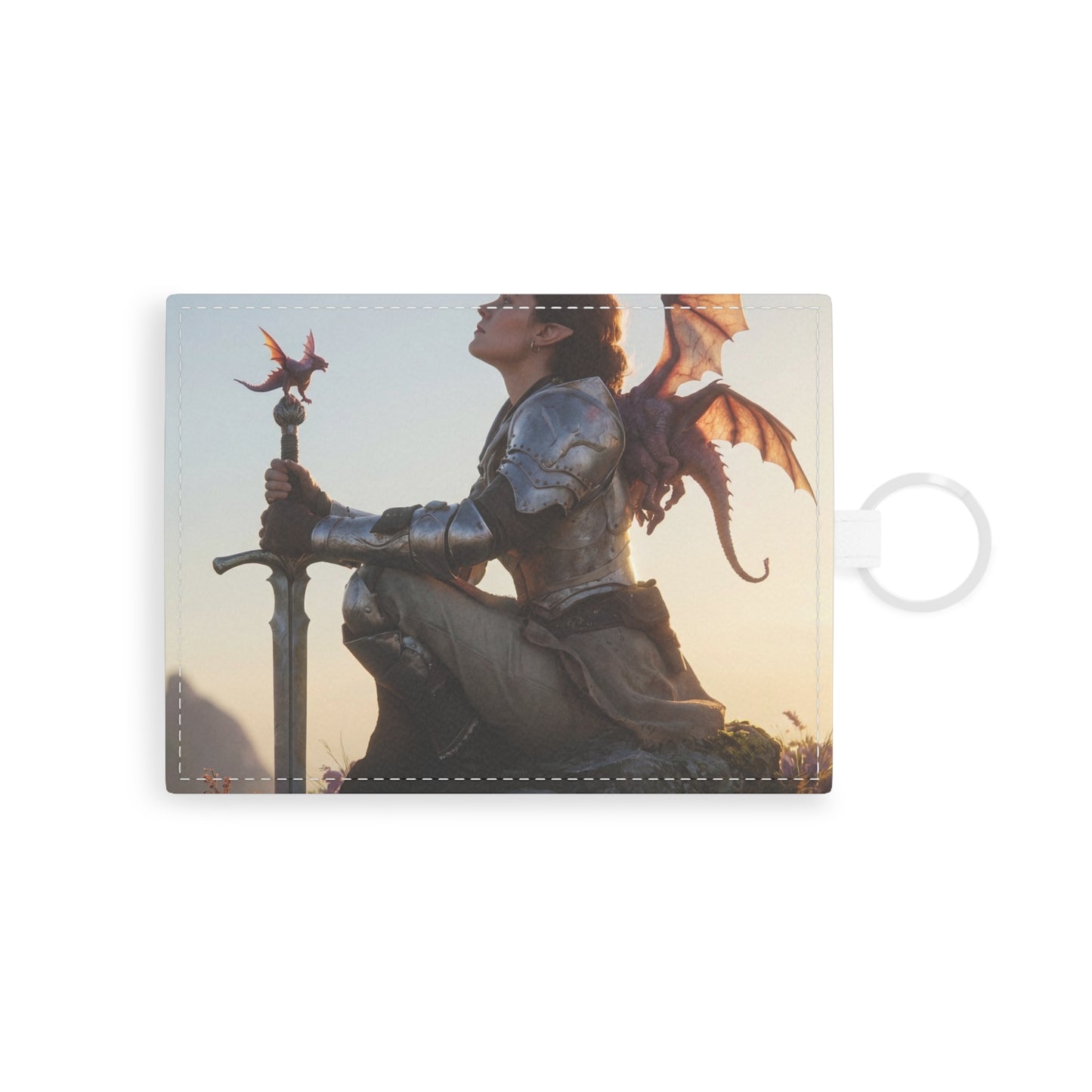 Dragon Rider at Dawn Saffiano Leather Card Holder – Sunset Sentinel and Winged Companion