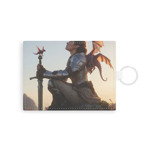 Dragon Rider at Dawn Saffiano Leather Card Holder – Sunset Sentinel and Winged Companion