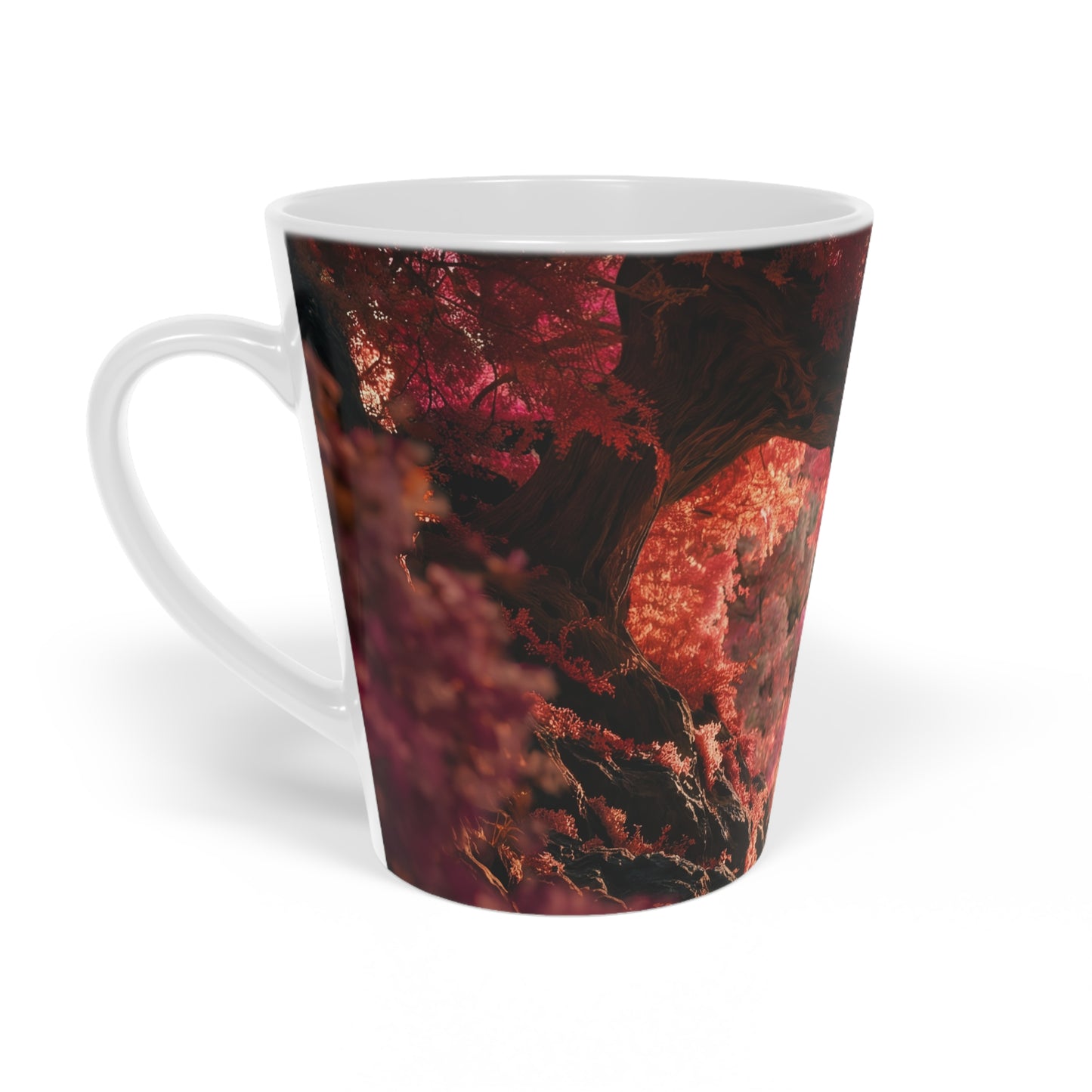 Crimson Heart Tree Latte Mug, 12oz – Rose Petal Canopy Retreat