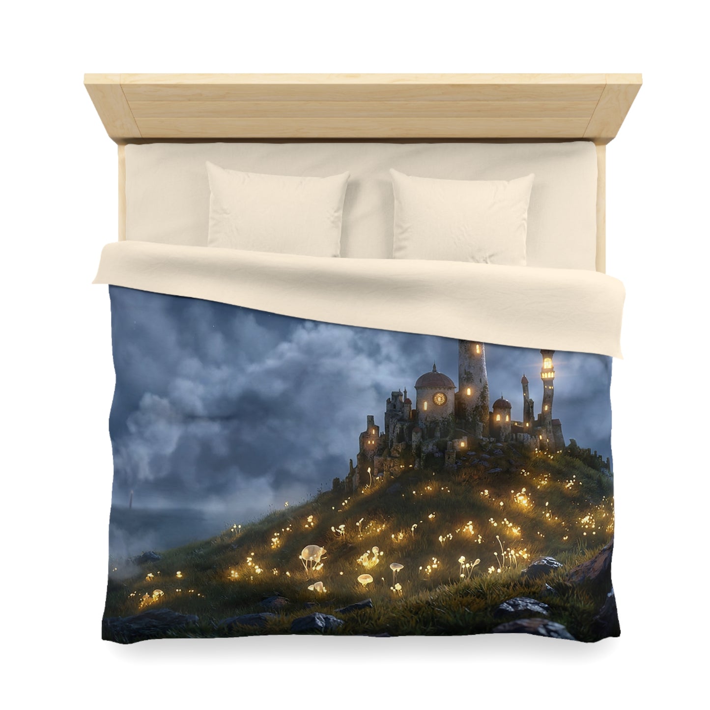 Luminous Castle Duvet Cover – Moonlit Keep Amidst Glowing Meadow