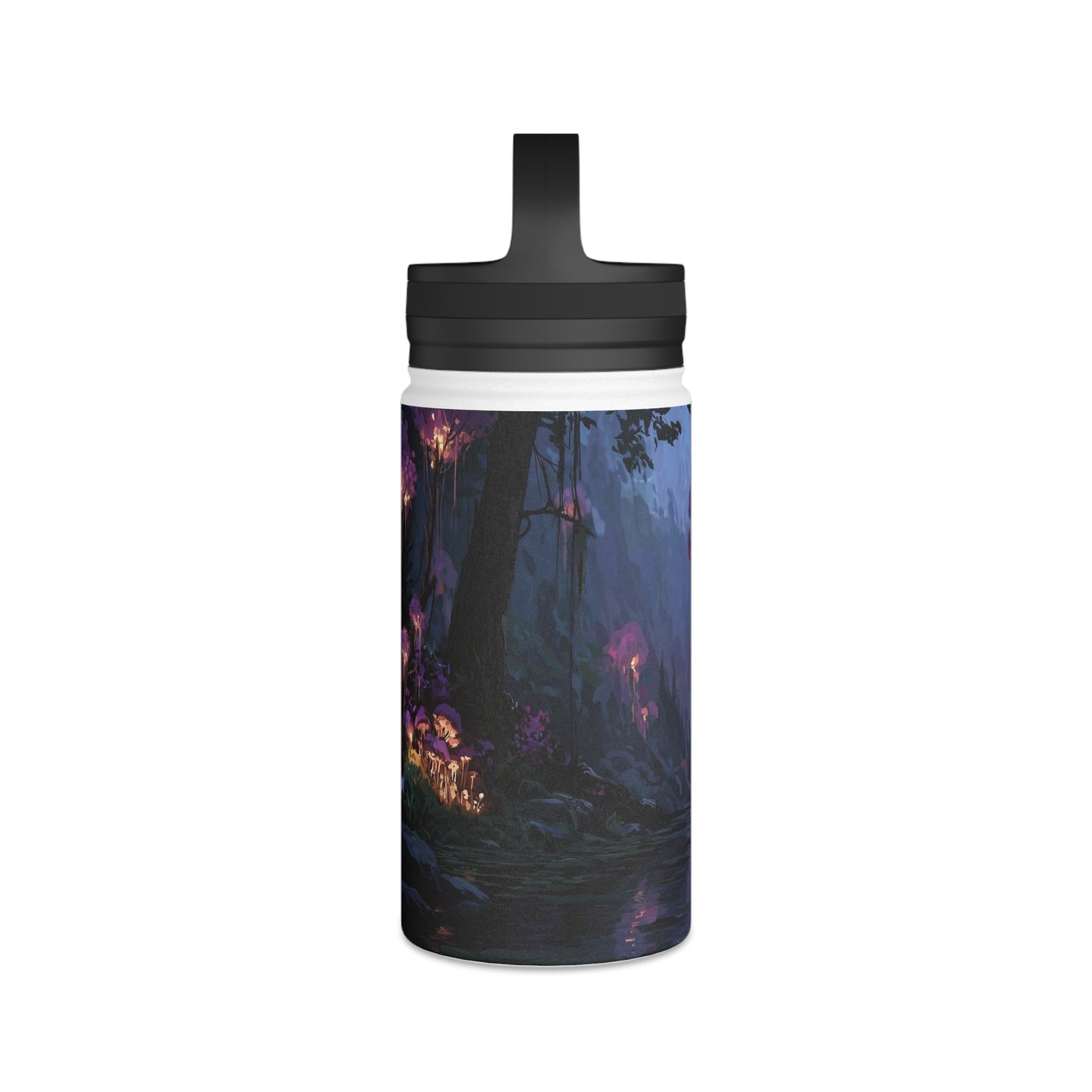 Bioluminescent Grove Stainless Steel Water Bottle, Handle Lid – Twilight’s Whispering Waterscape