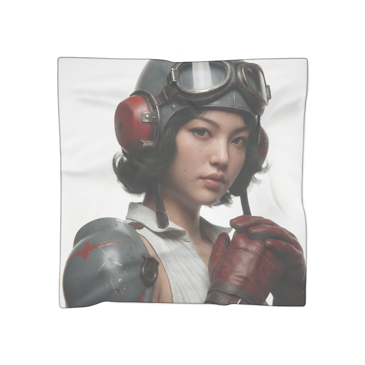 Vintage Pilot Portrait Poly Scarf – Crimson Goggles & Skyward Resolve