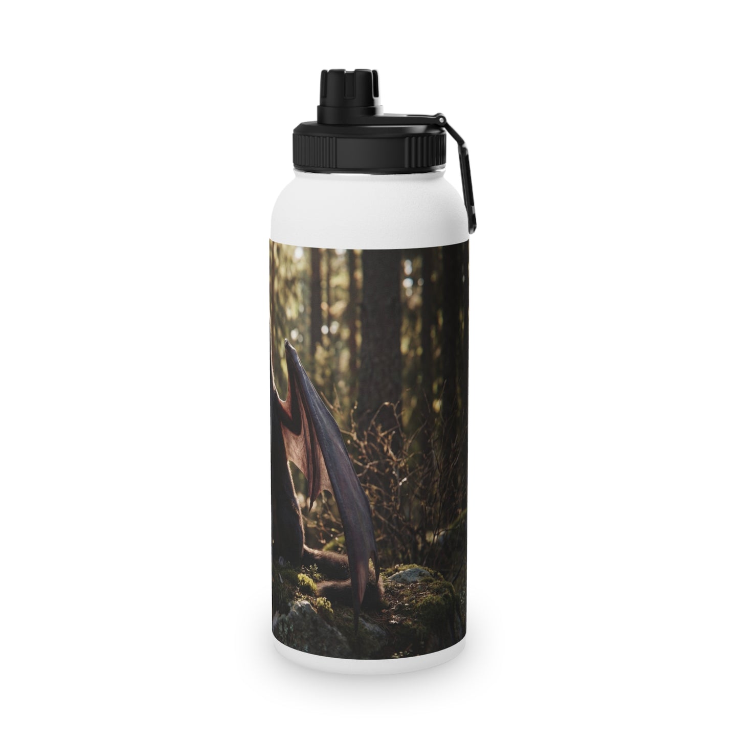 Dragon Wolf in the Sunlit Woods Stainless Steel Water Bottle, Sports Lid – Guardian of the Mossy Glade